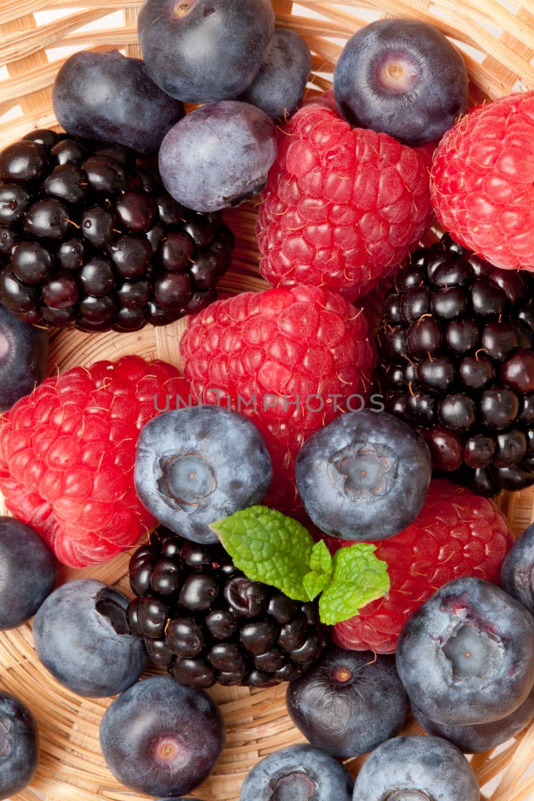 Berries in a basket in a high angle view