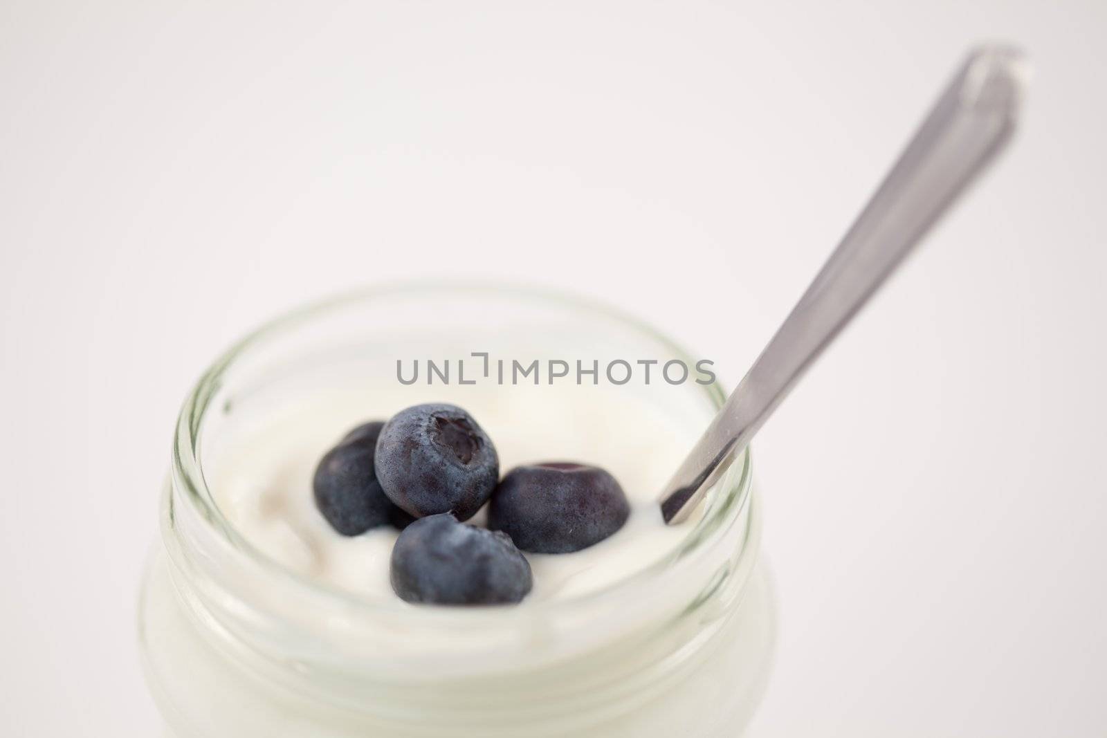 Close up of a pot of yoghurt with four blueberries against a white background