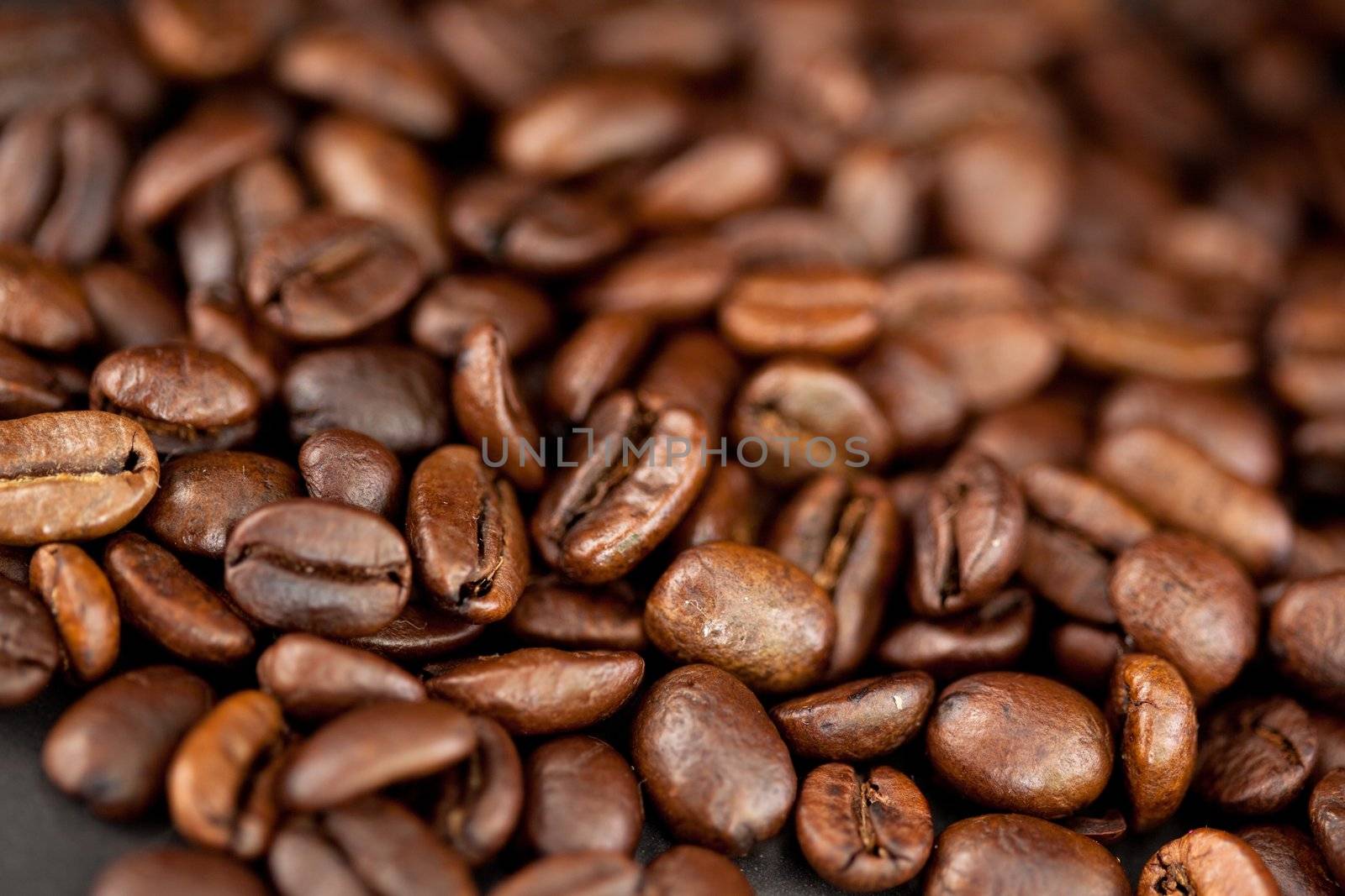 Close up of beans of coffee laid out together