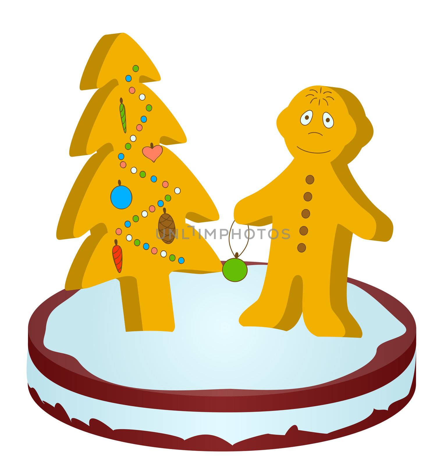 Gingerbread little man under a gingerbread Christmas tree
