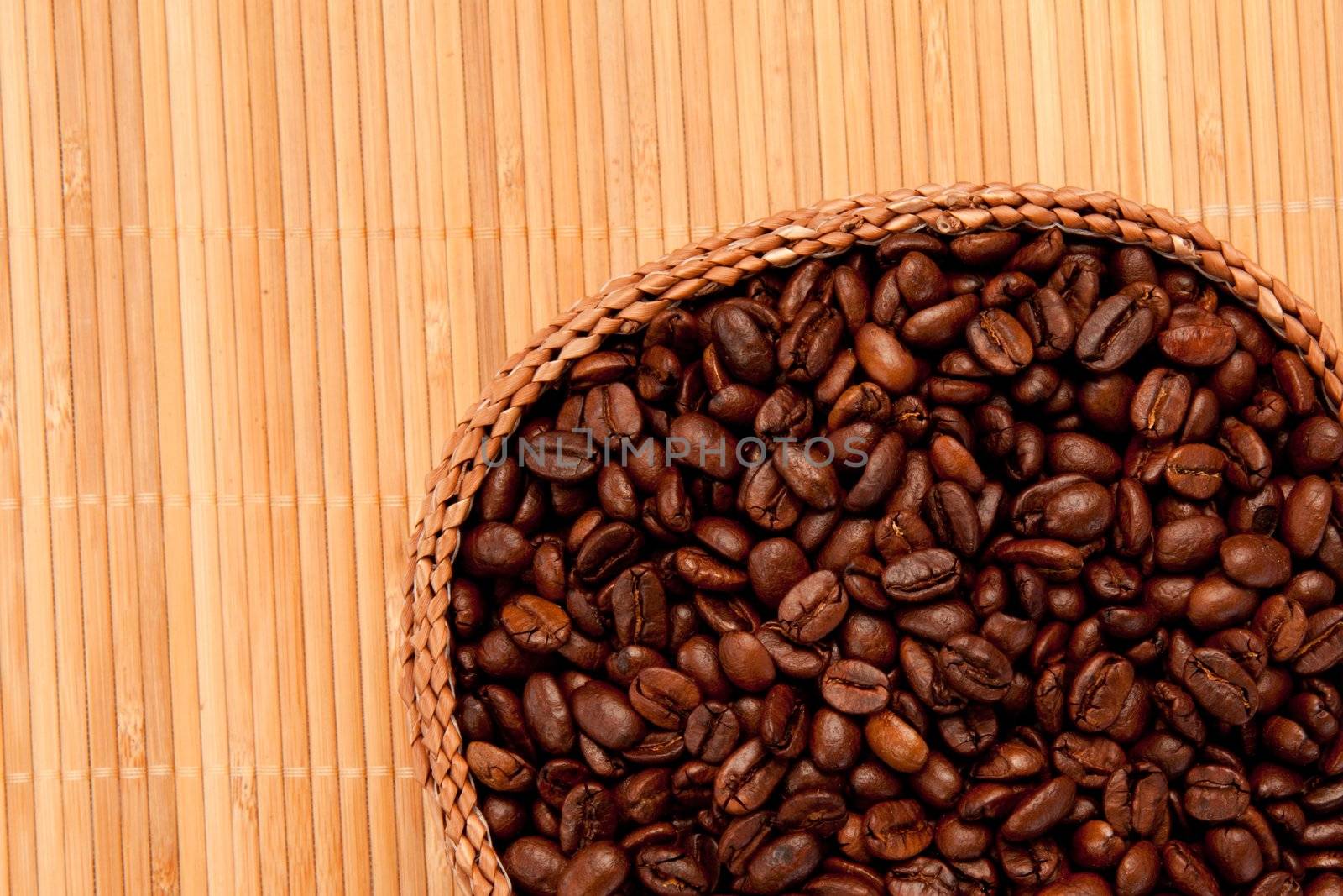 Close up of a basket filled with coffee beans