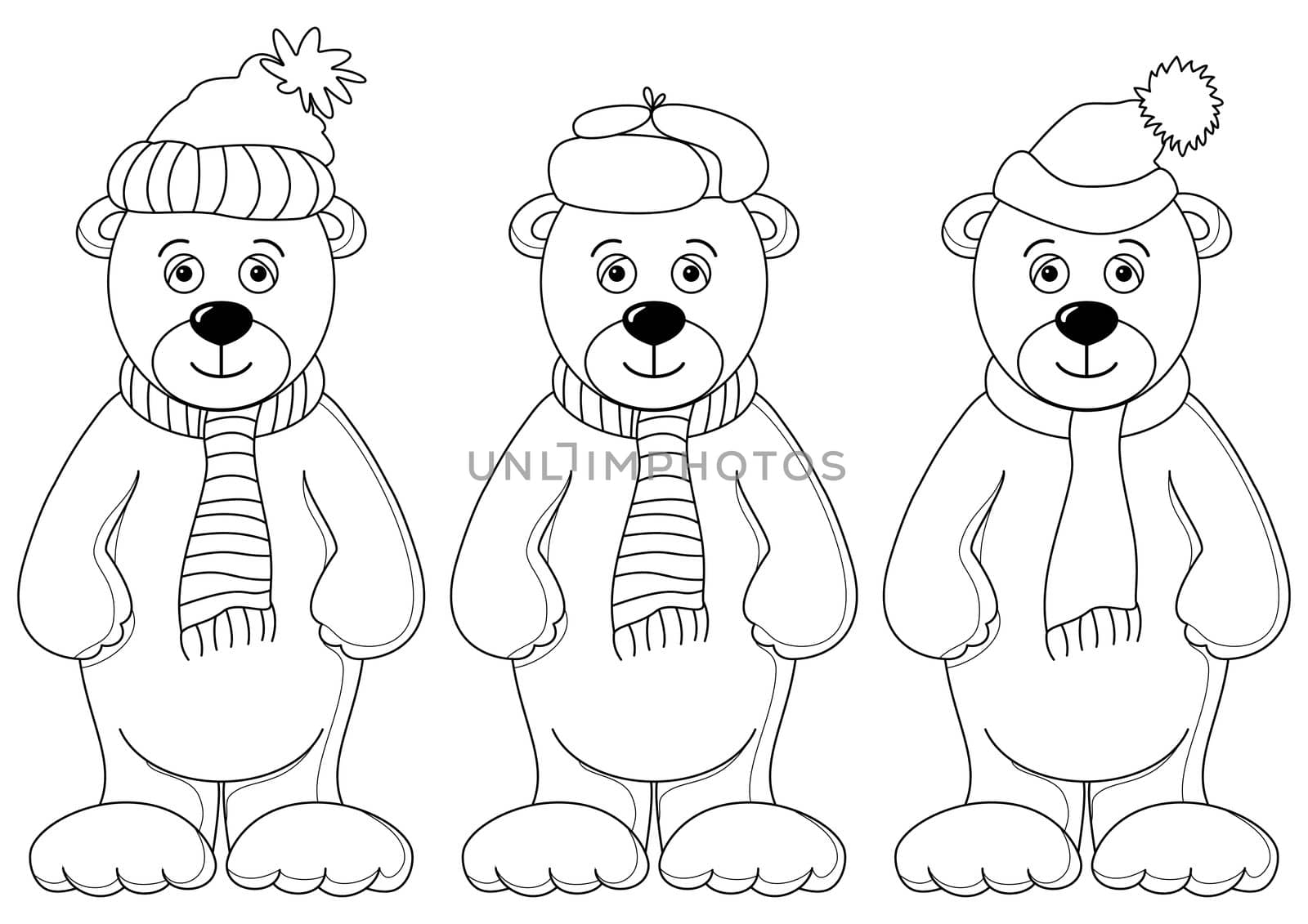 Teddy bears in winter cap and scarf, friends, contours