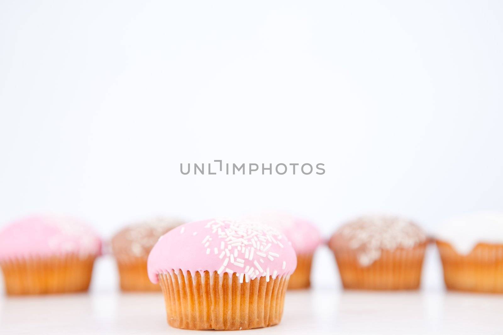 Many muffins with icing sugar lined up against a white background