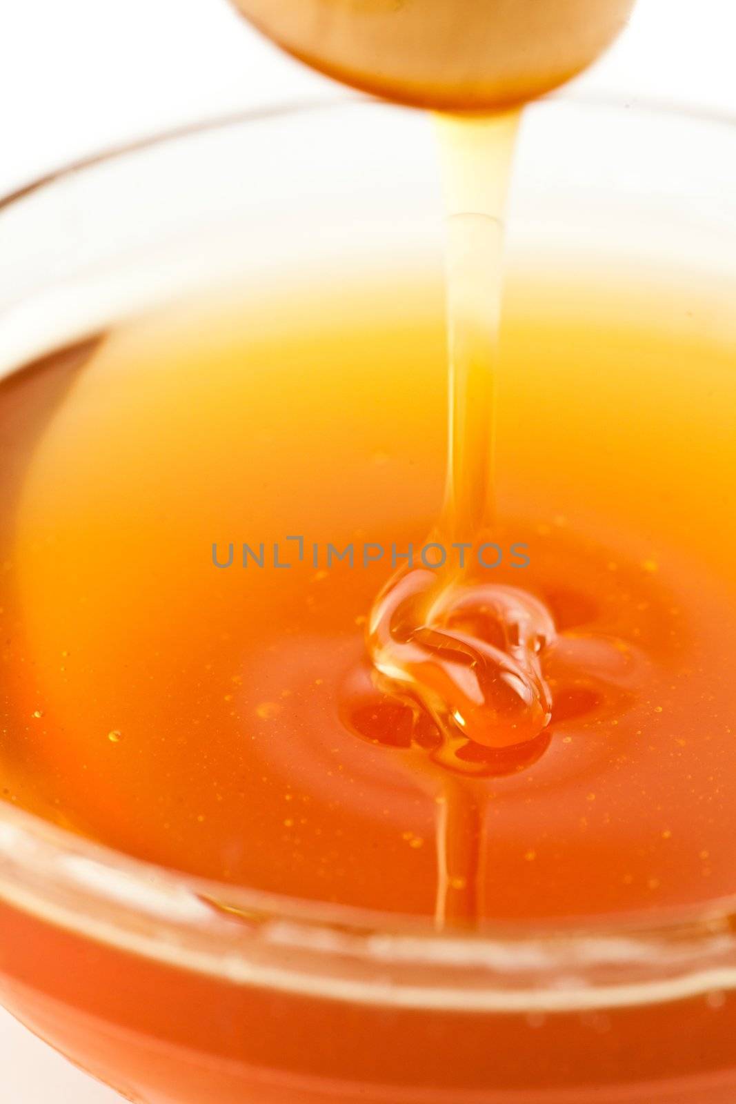 Close up of a thin honey trickle against a white background