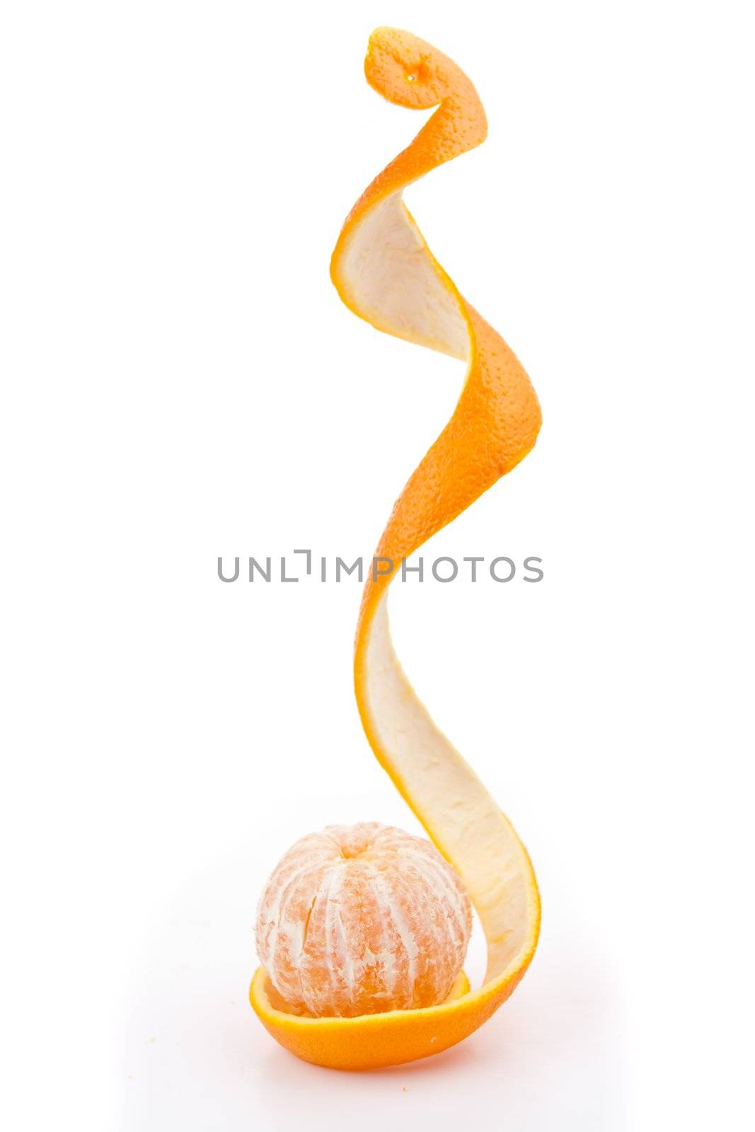 orange peeled on a orange peel against white background