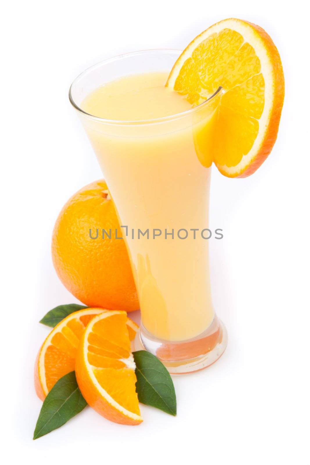 Orange juice ready to drink against a white background
