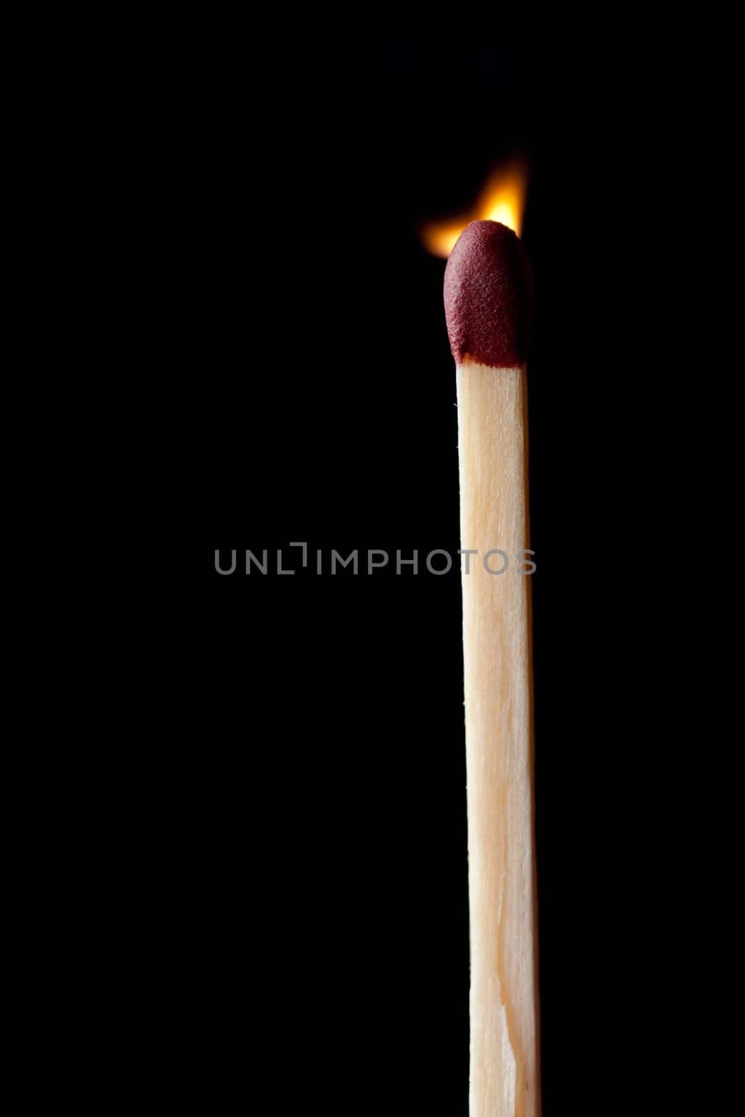 Close up of a match set on fire against a black background