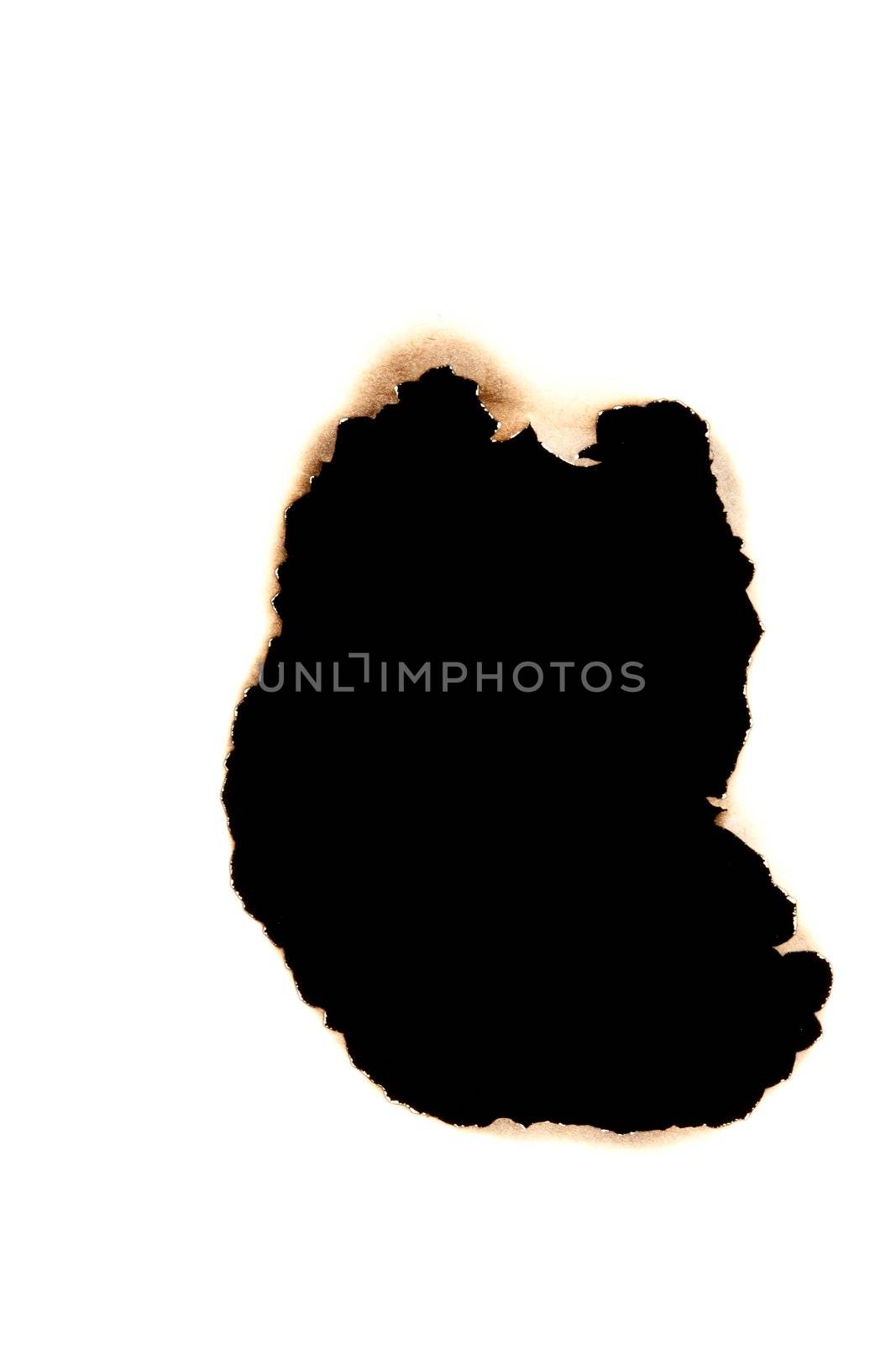 Burned hole in paper against a white background