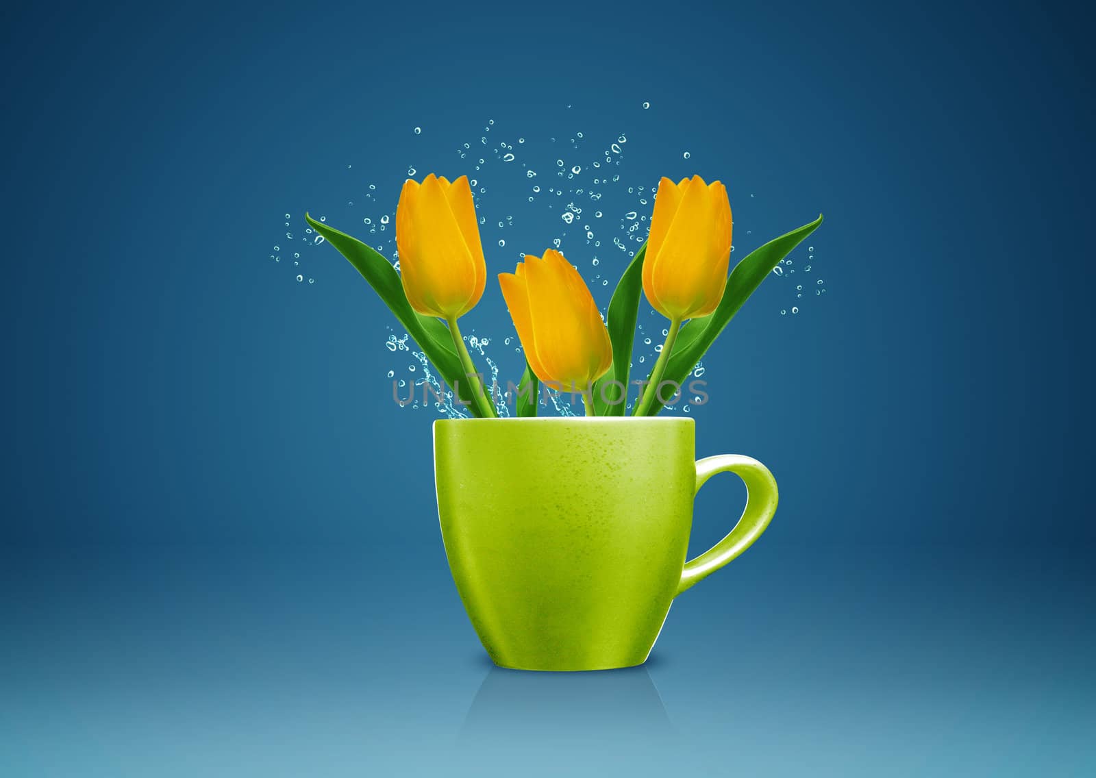 Modern vase style, A group of yellow Tulips in green vase.