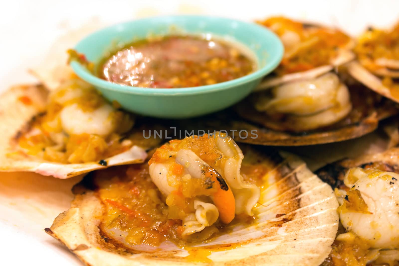 Closeup Grilled Scallops with Garlic Butter and Mozzarella Cheese