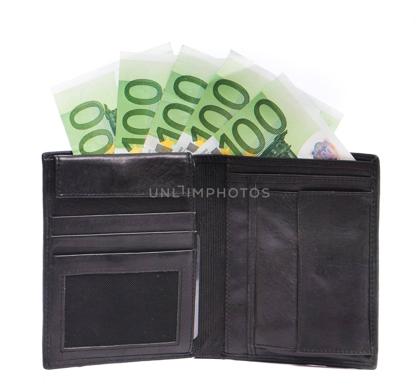 Leather wallet with some euros isolated on a white background