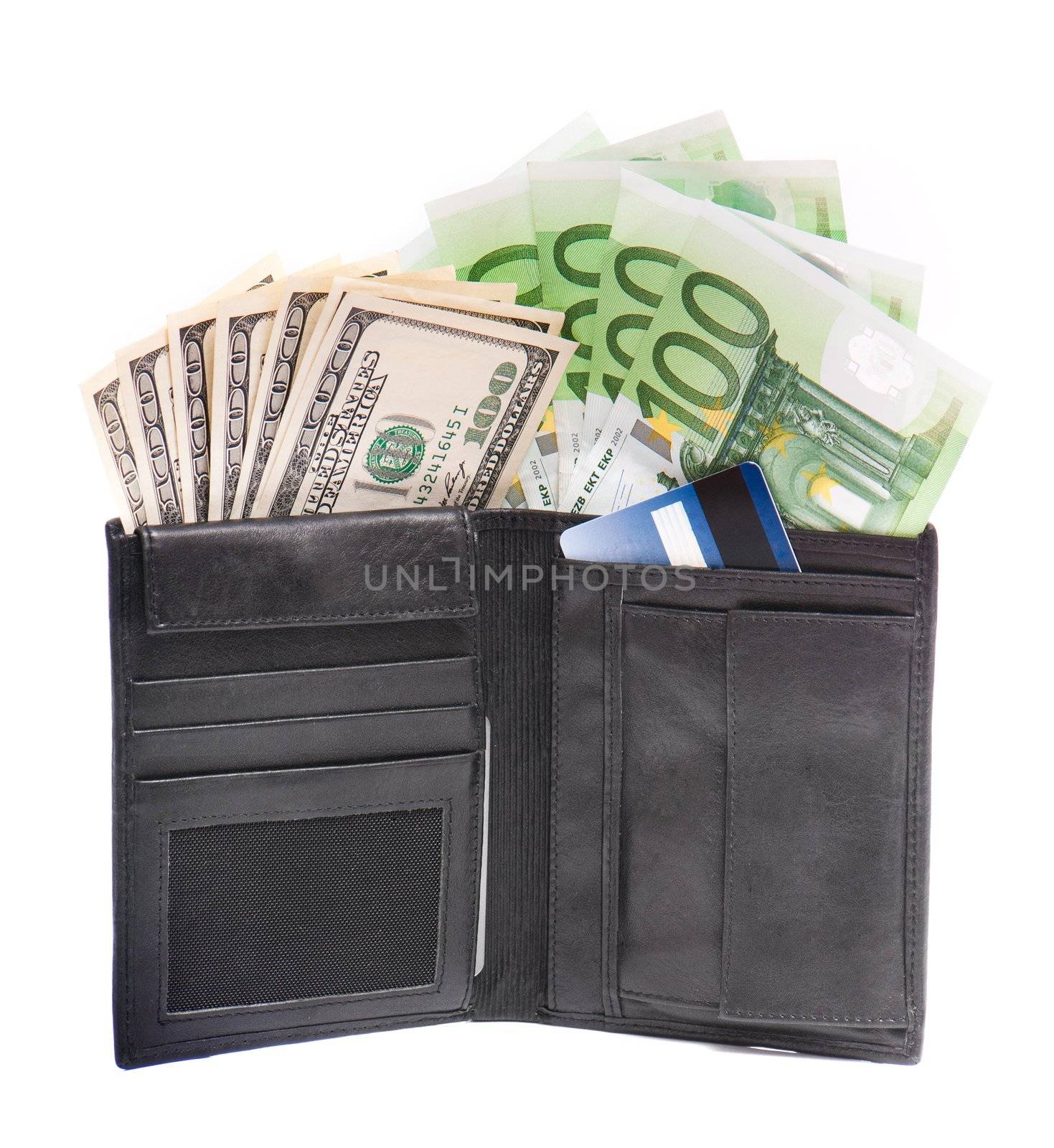 Leather wallet with some euros and dollars on a white background