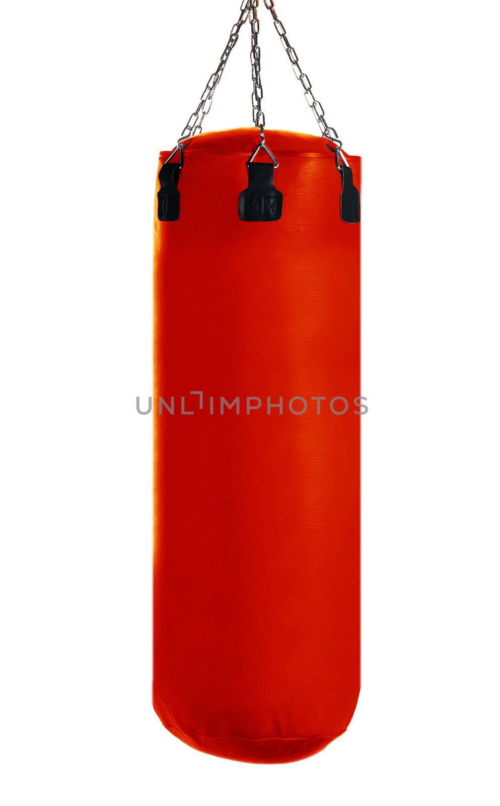 Red Punching bag for boxing or kick boxing sport, isolated on white background.