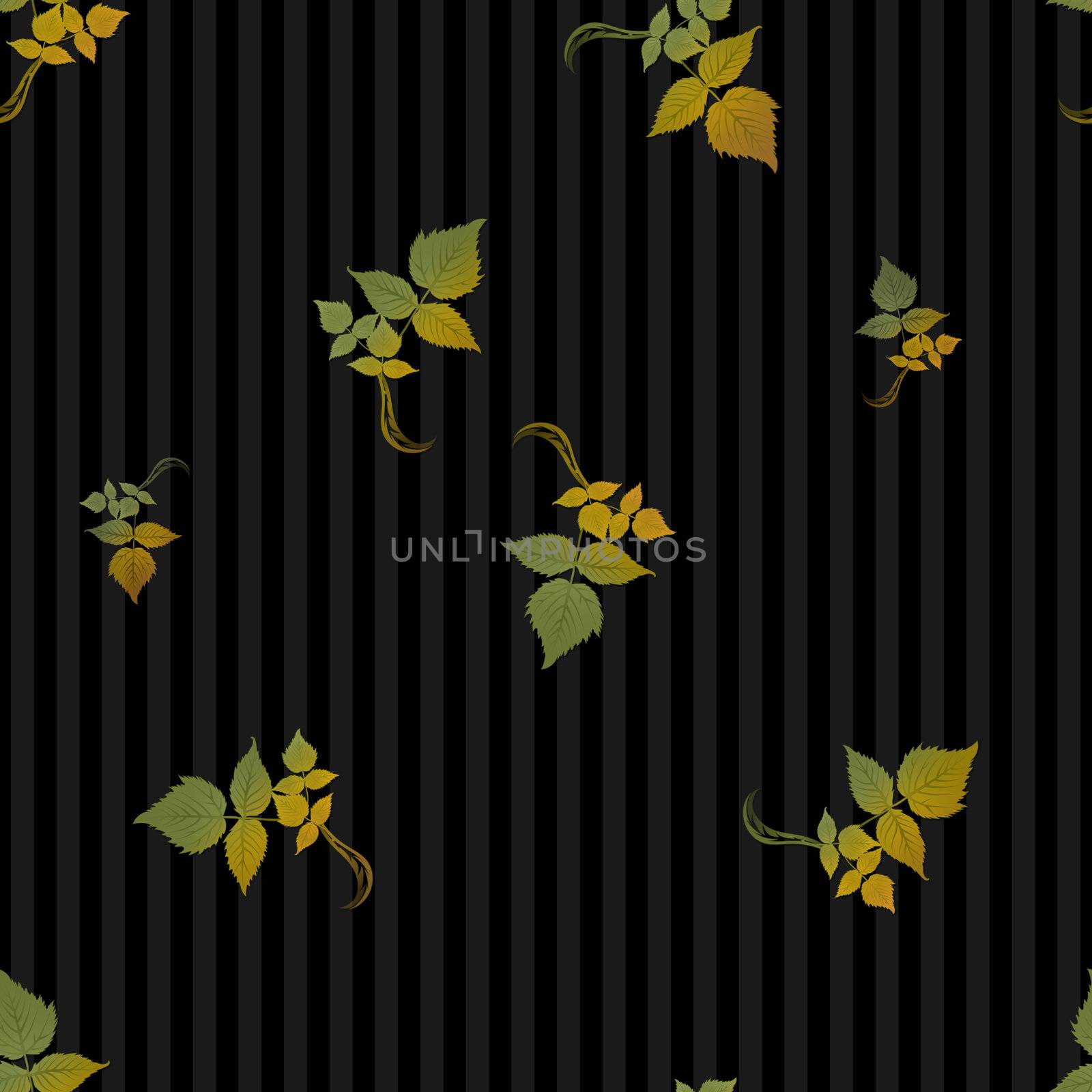 Leaves in shades of green, gold, and orange scatter seamlessly on black striped background