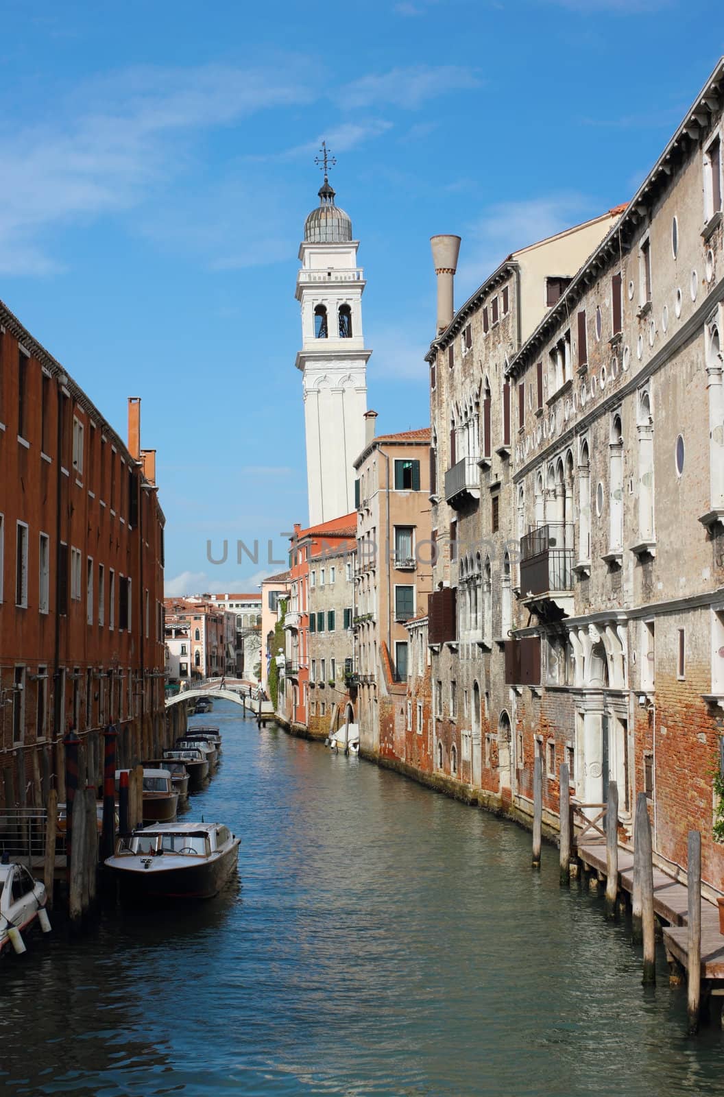 The Greek Church San Giorgio dei Greci  in Venice with Belltower leaning over the canal.