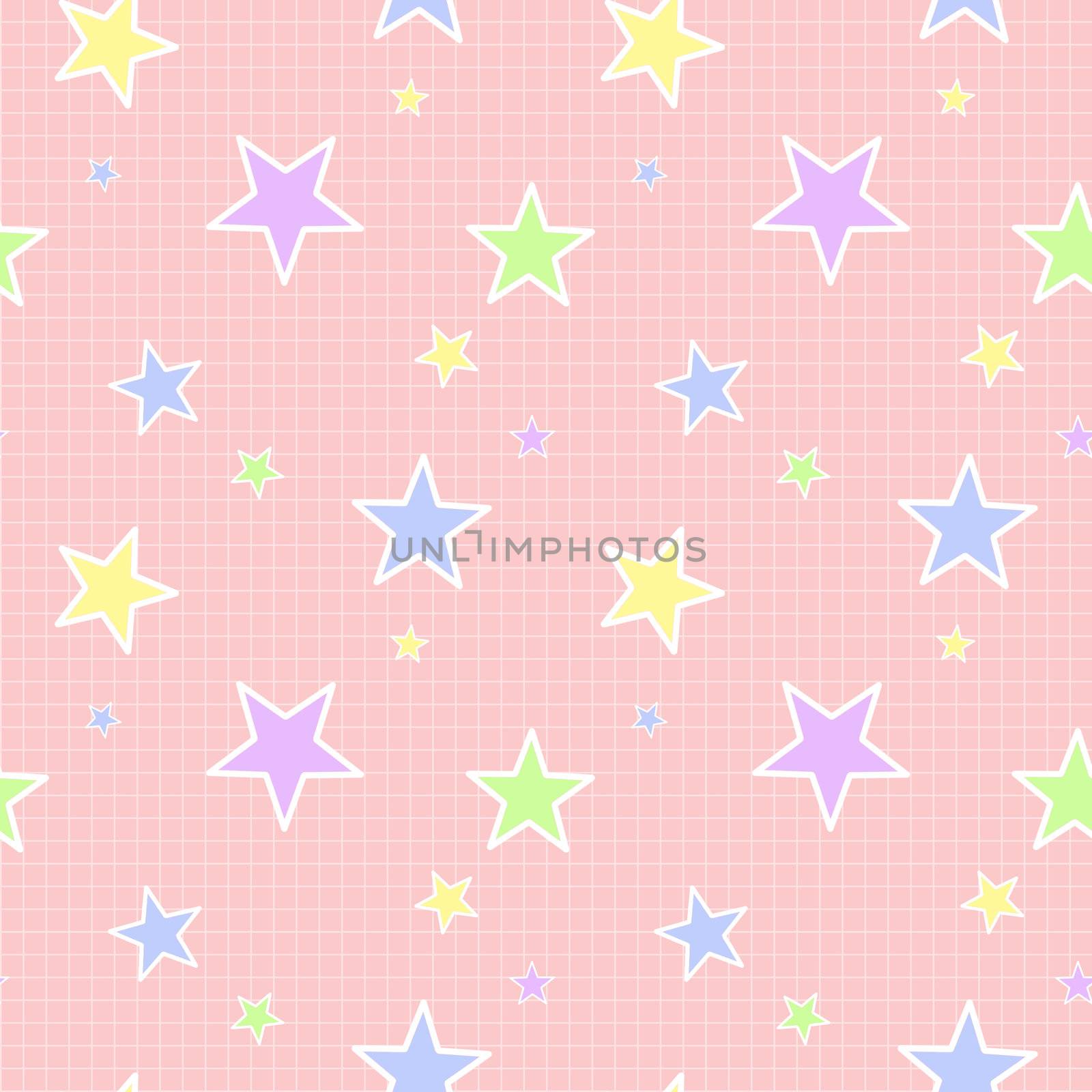 Various colors and sizes of stars on pink background with small crosshatch pattern