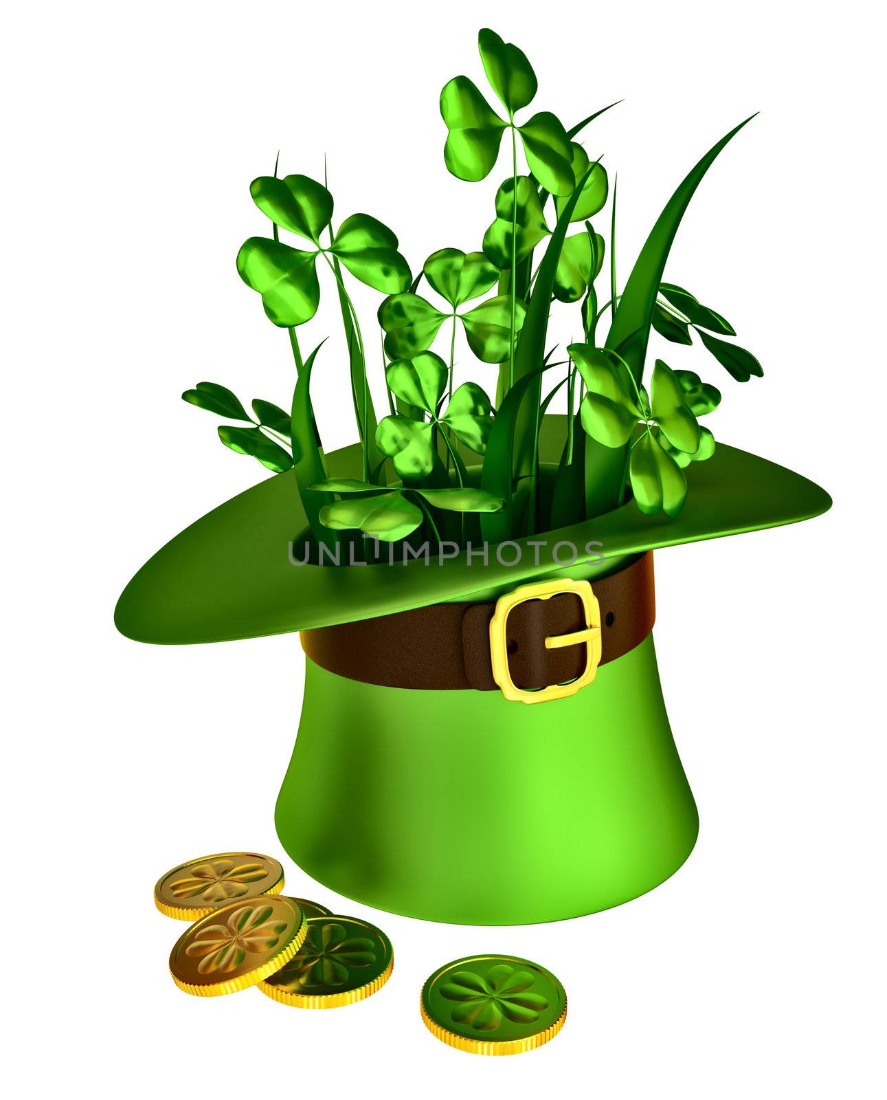 green hat, shamrocks and set of gold coins as a symbol of wealth