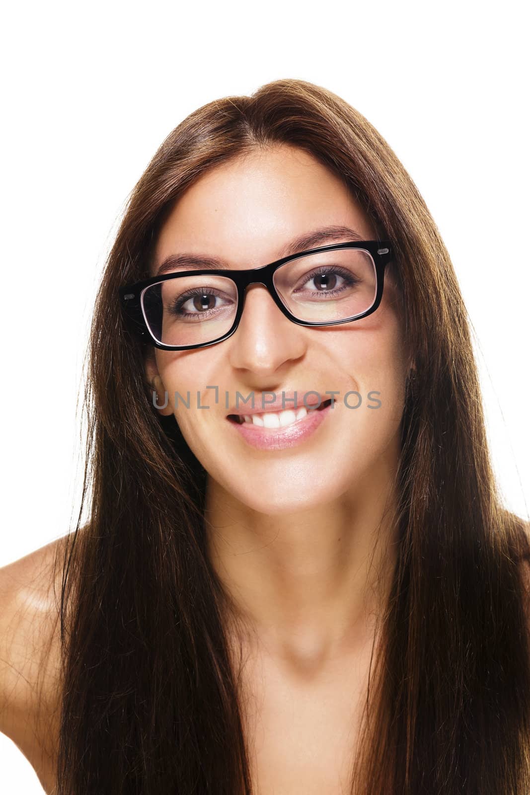 happy beautiful brunette woman wearing black glasses on white background