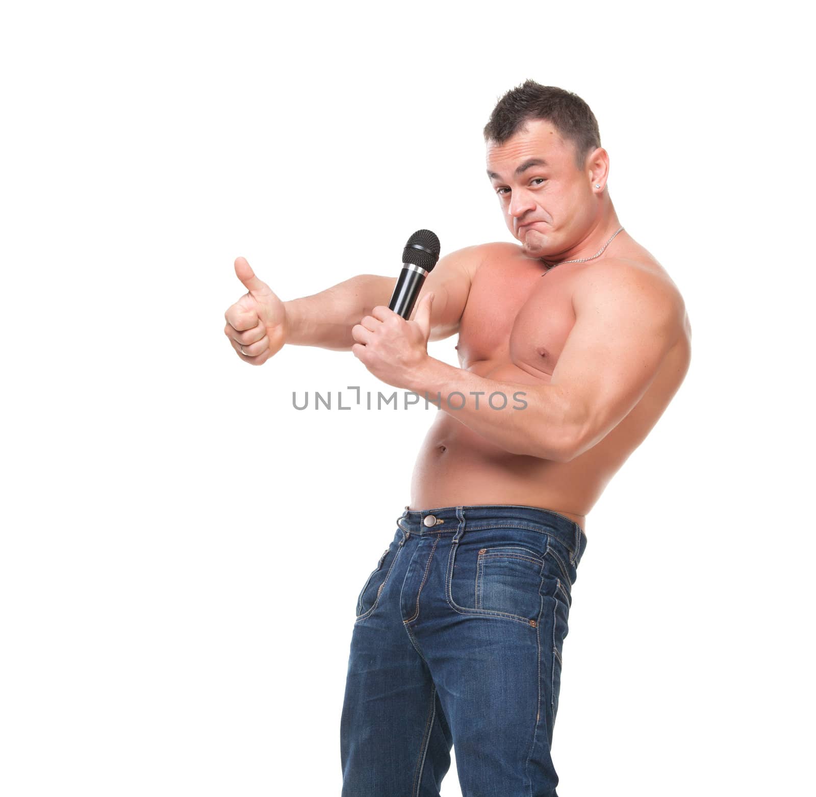 Man with a Microphone shows Thumb-up, on white background