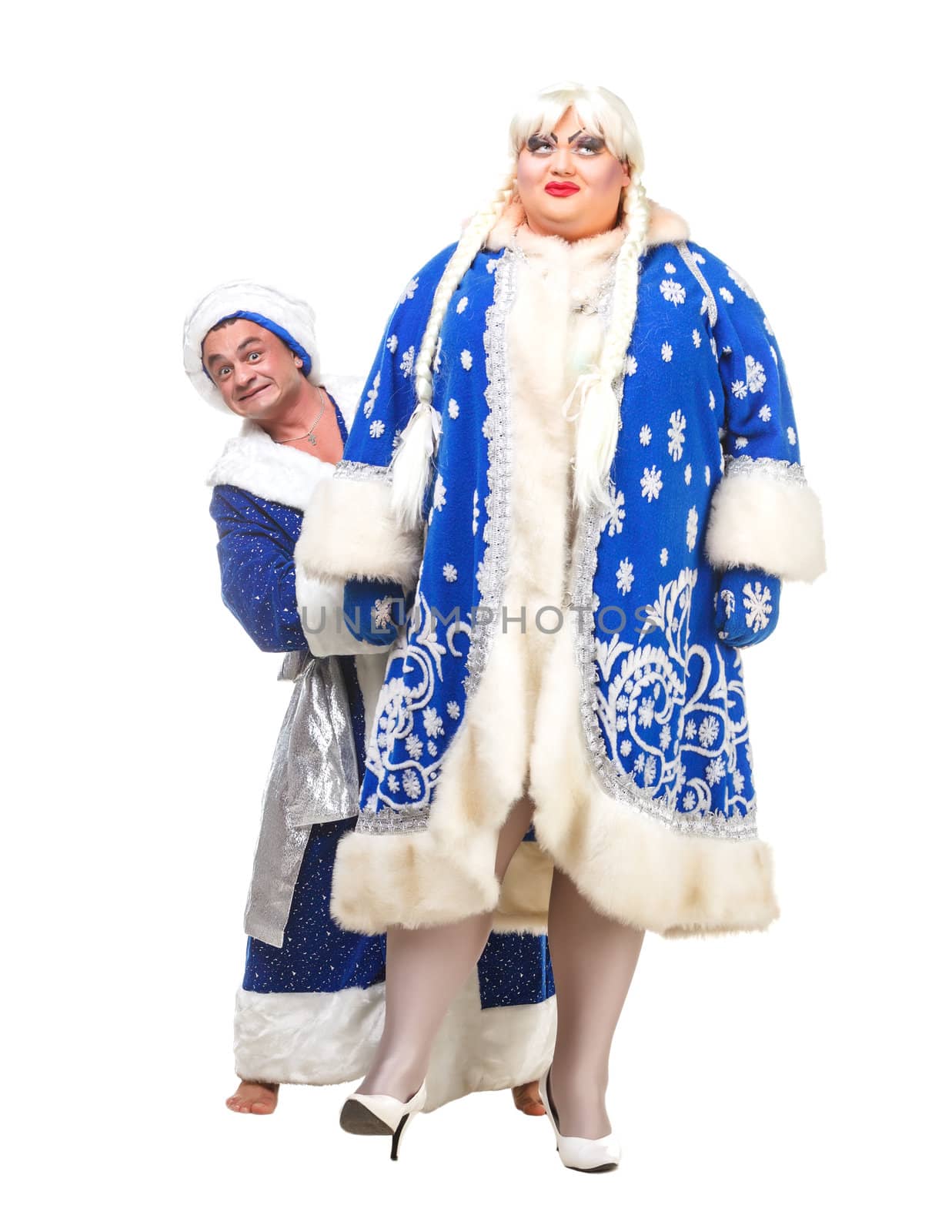 Travesty Actors Genre Depict Santa Claus and Snow Maiden, on white background