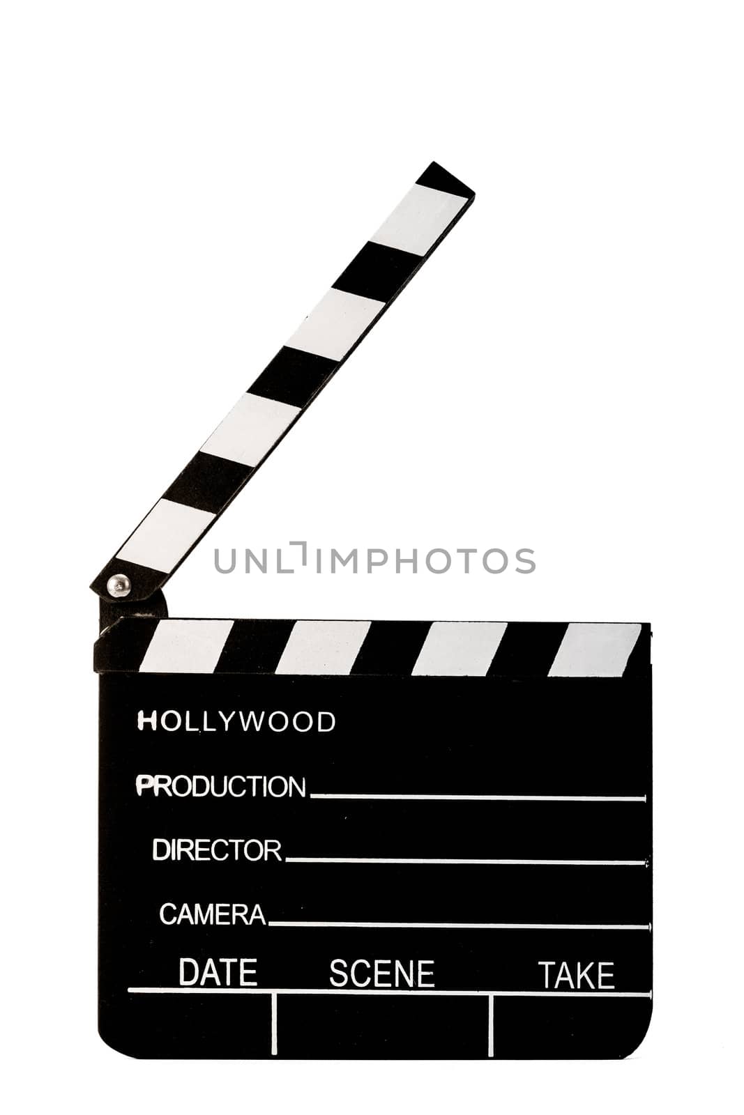 A black wooden movie clapper isolated on a white background.