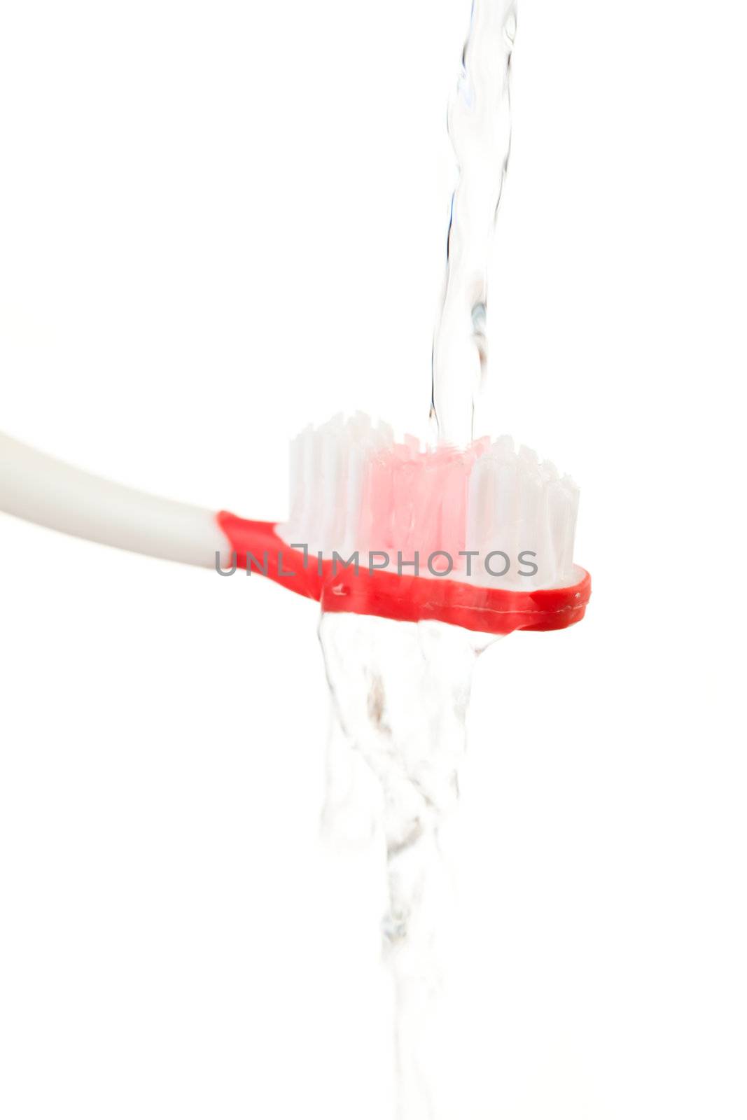 Water flowing on a red toothbrush by Wavebreakmedia