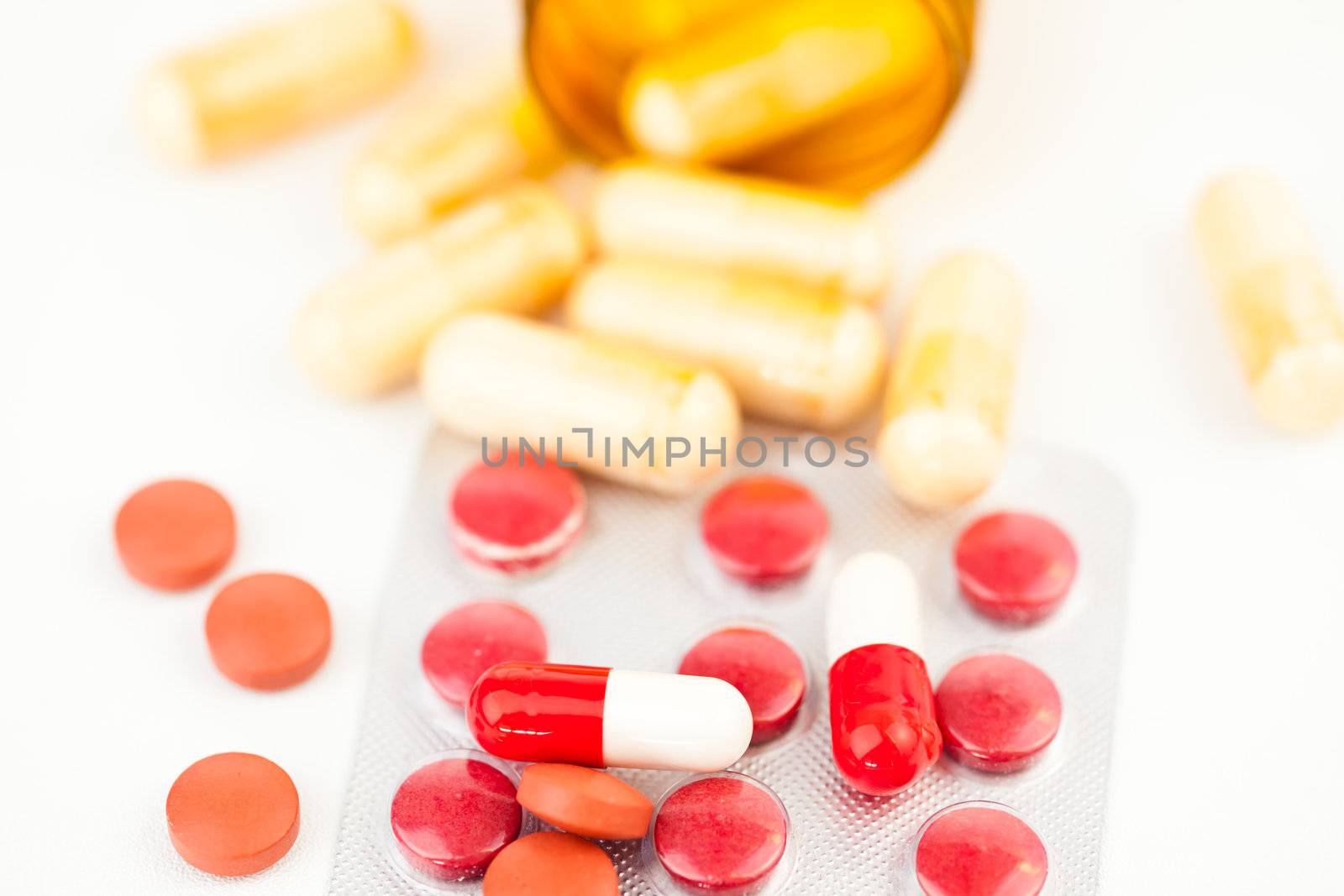 Close up of medications dispersed against white background