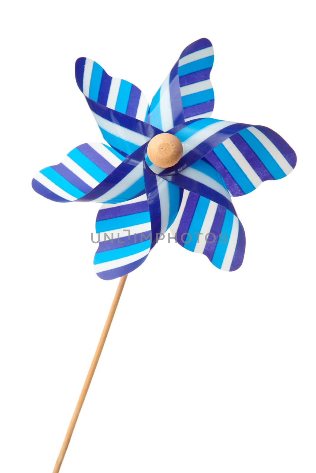 Blue pinwheel against a white background