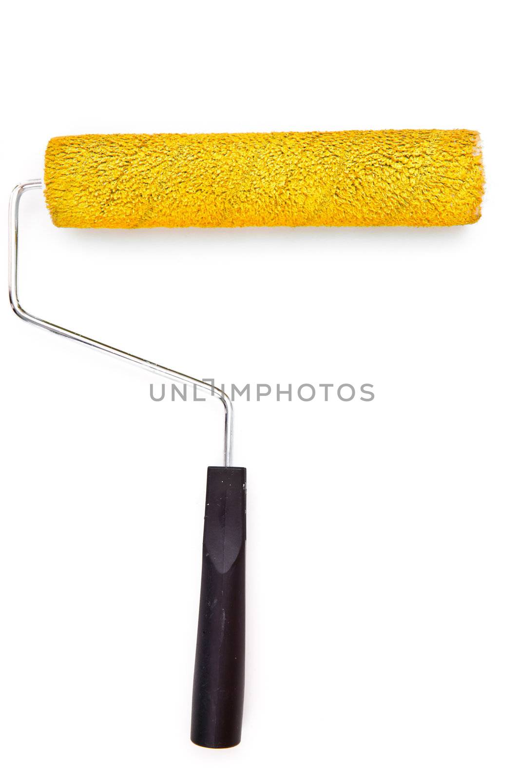 Yellow paint roller on white background