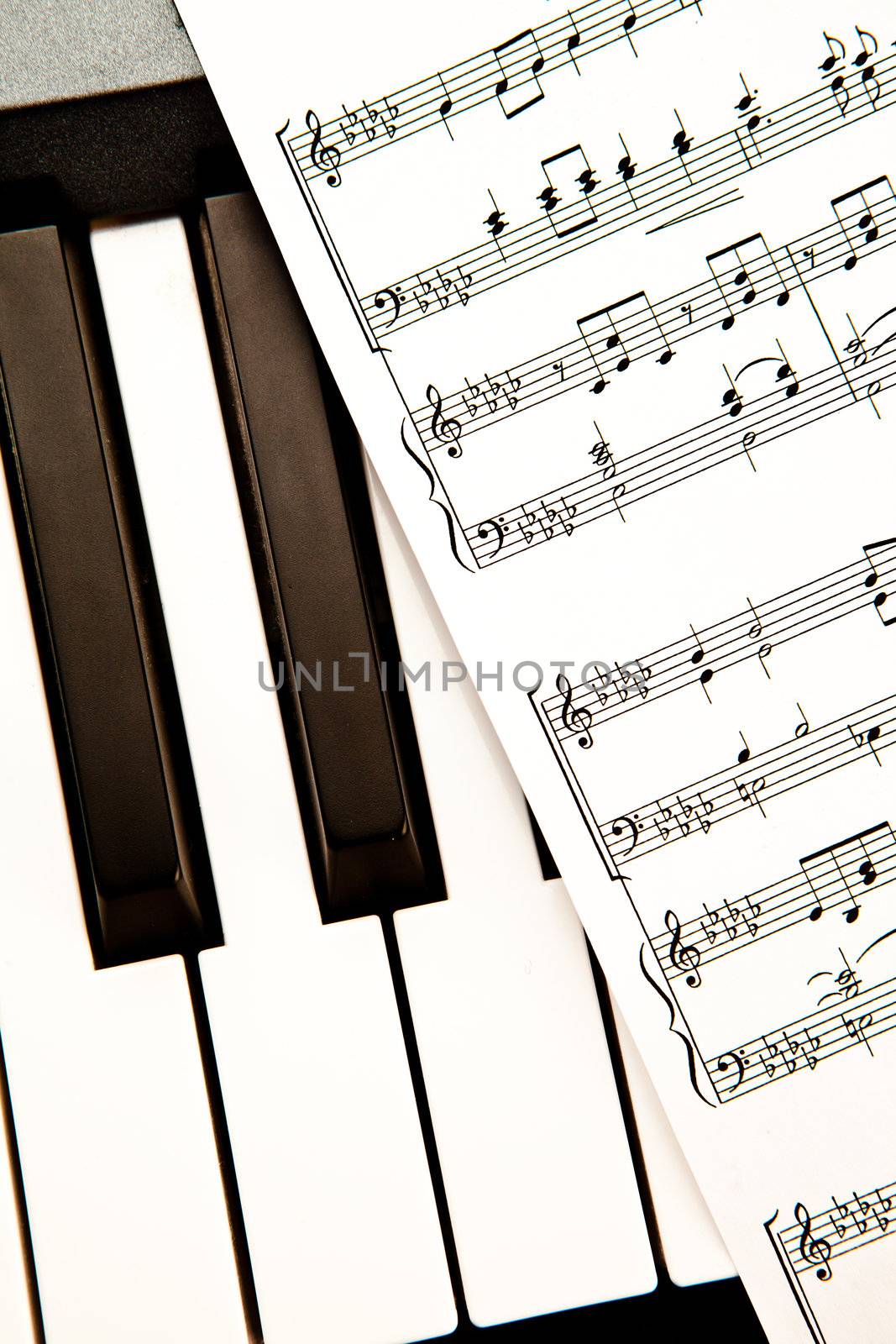 Close up of a music score put on a piano
