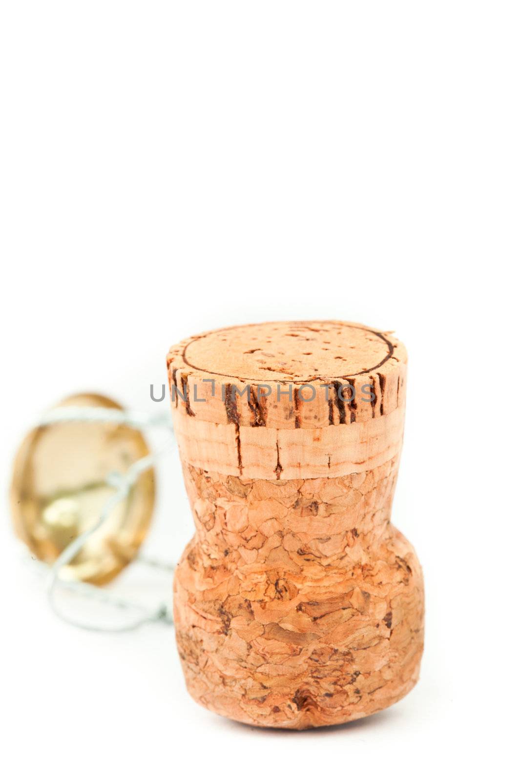 Cork next to iron wire against a white background