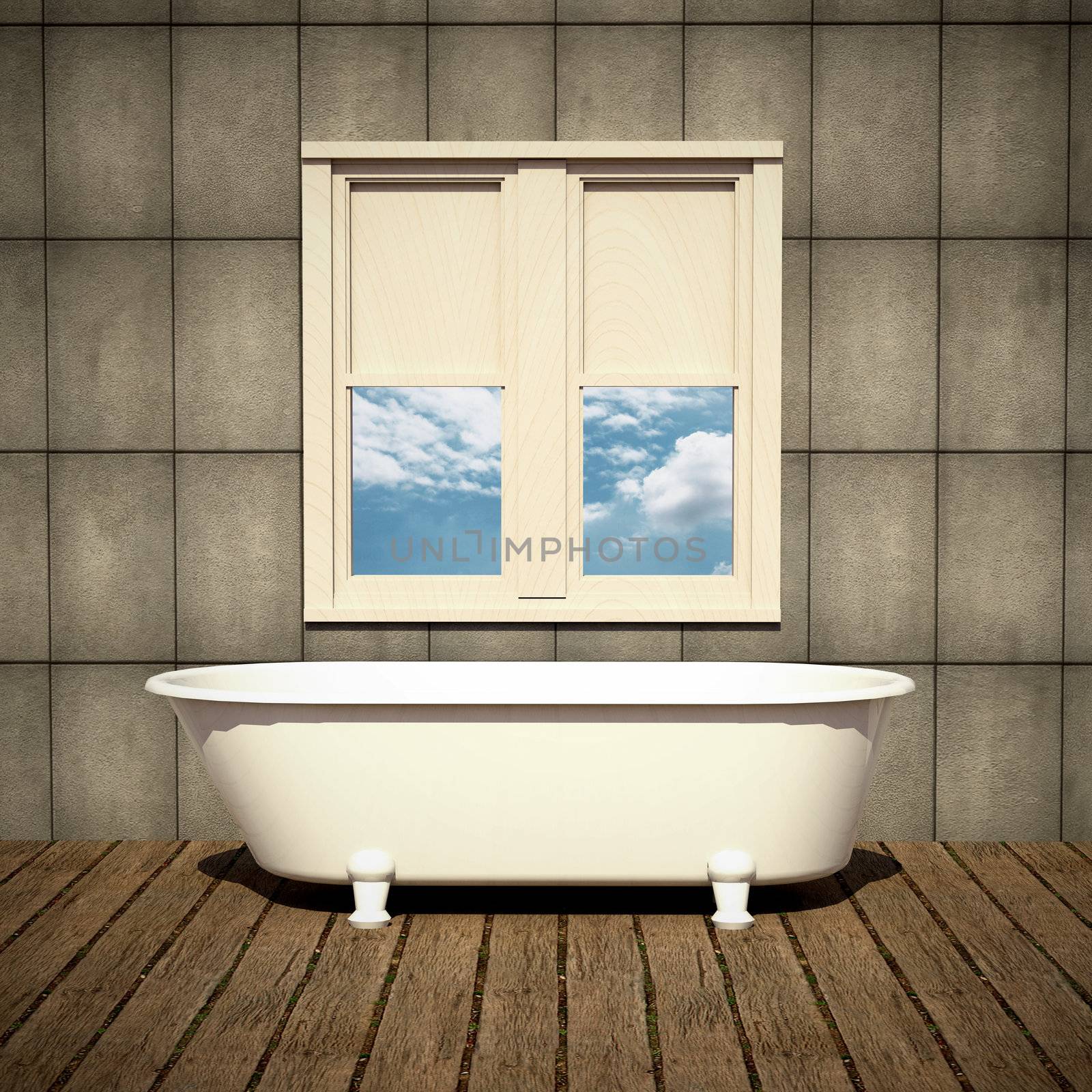 minimalist bathtub in a retro bathroom with plank wood floor