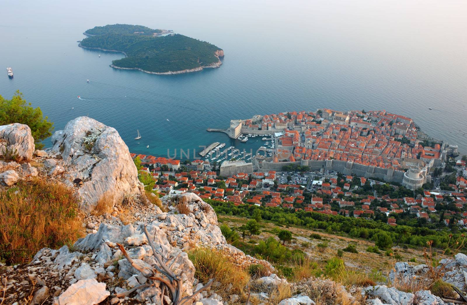 Panoramic view of the Old Town Dubrovnik and Island Lokrum from the mountain Srd.