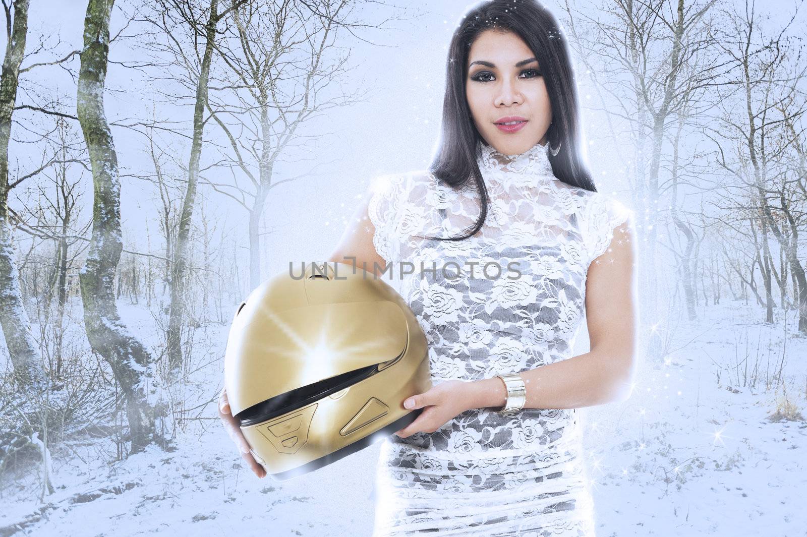 Beautiful modern glowing angel with a bright white aura and serene expression holding a golden motorcycle helmet, conceptual of a guardian angel and spiritual being