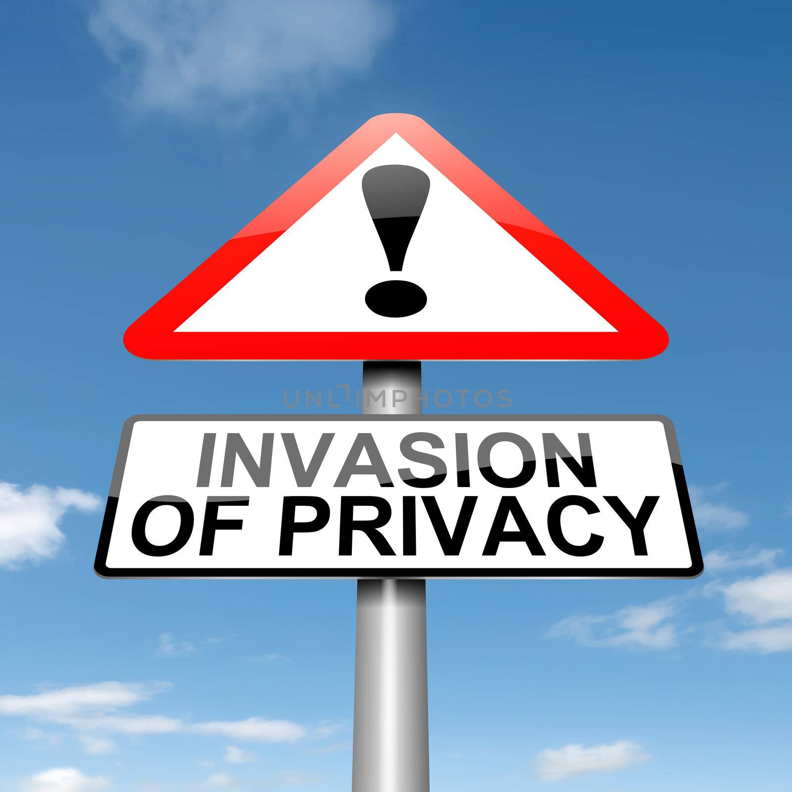 Illustration depicting a roadsign with an invasion of privacy concept. Sky background.