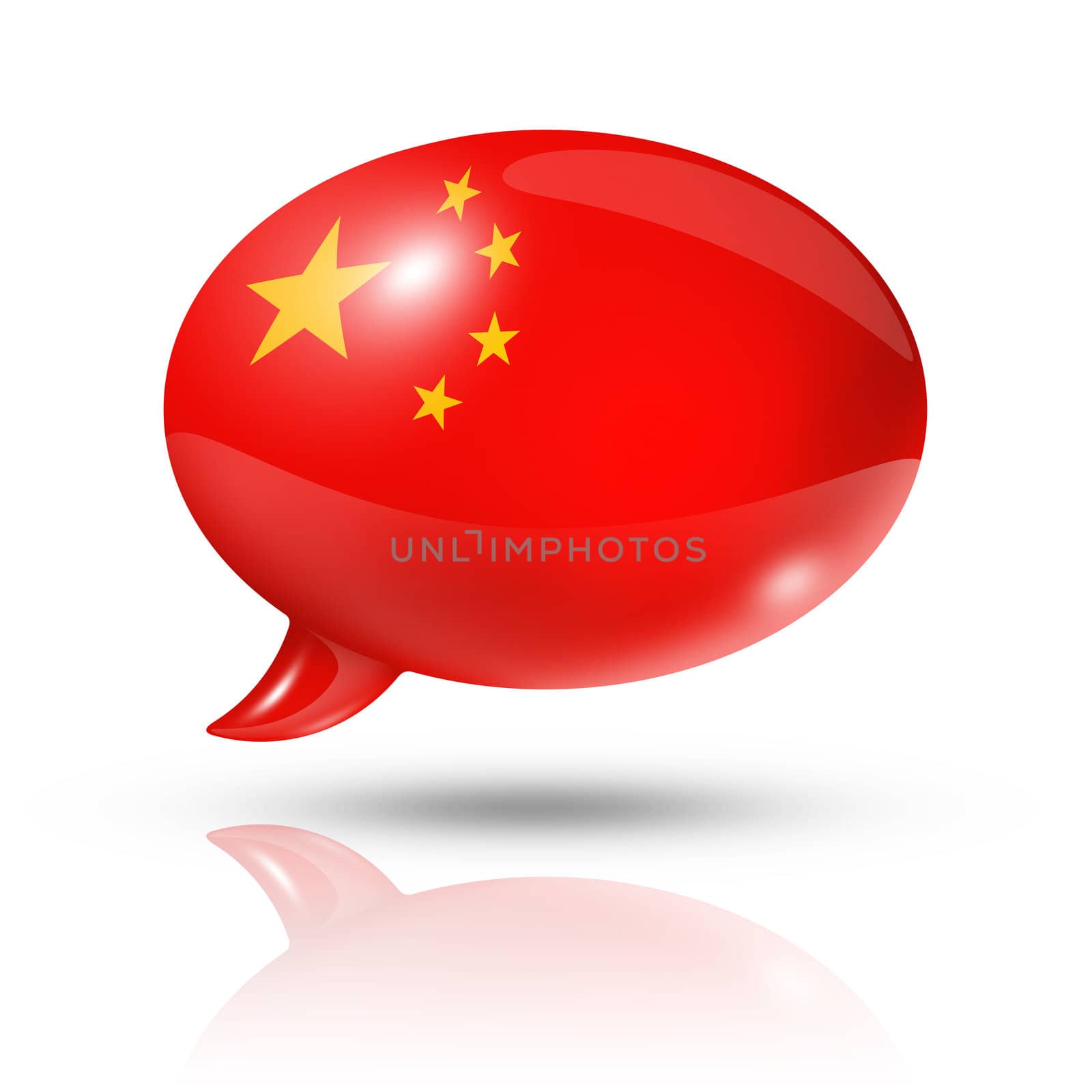 three dimensional China flag in a speech bubble isolated on white with clipping path