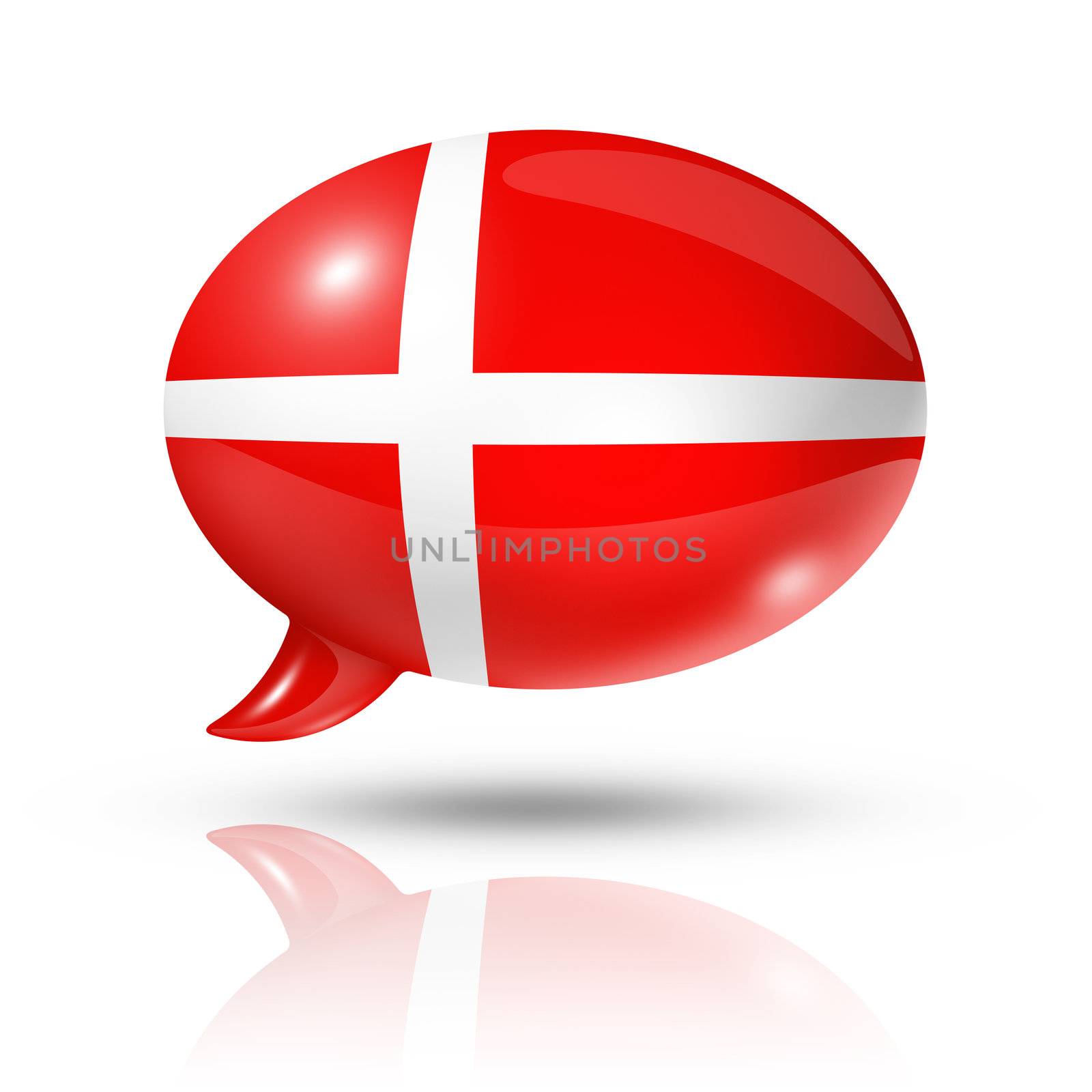 three dimensional Denmark flag in a speech bubble isolated on white with clipping path