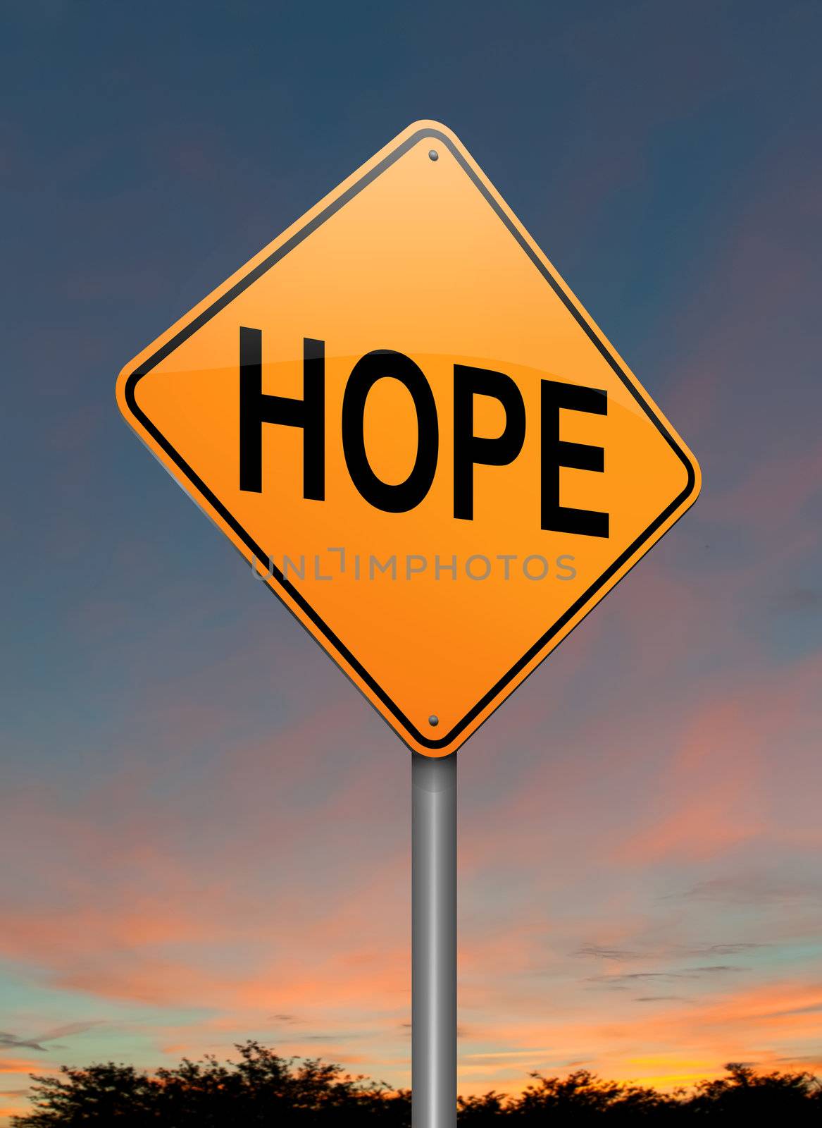 Illustration depicting a roadsign with a hope concept. Sunset background.