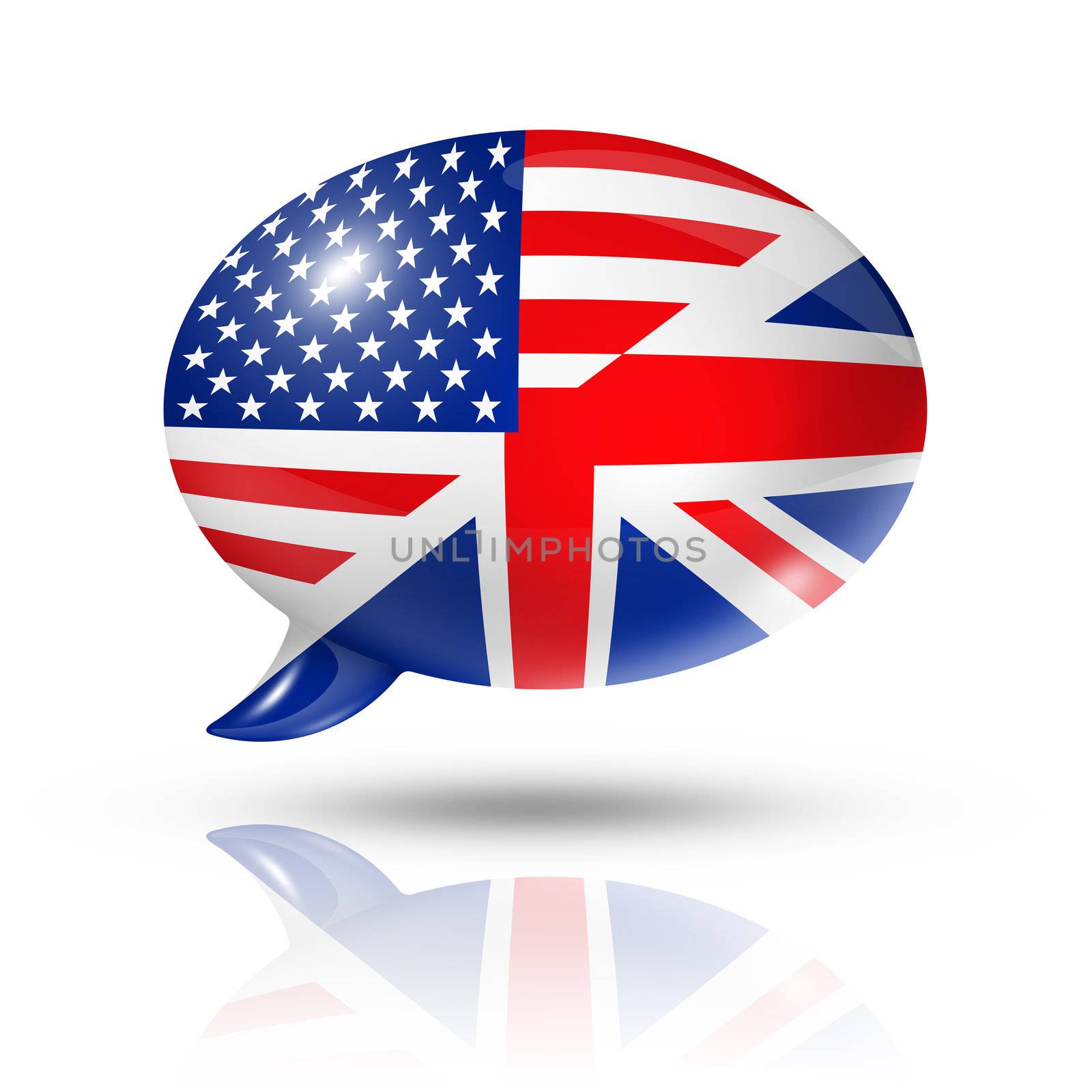 three dimensional UK and USA flags in a speech bubble isolated on white with clipping path