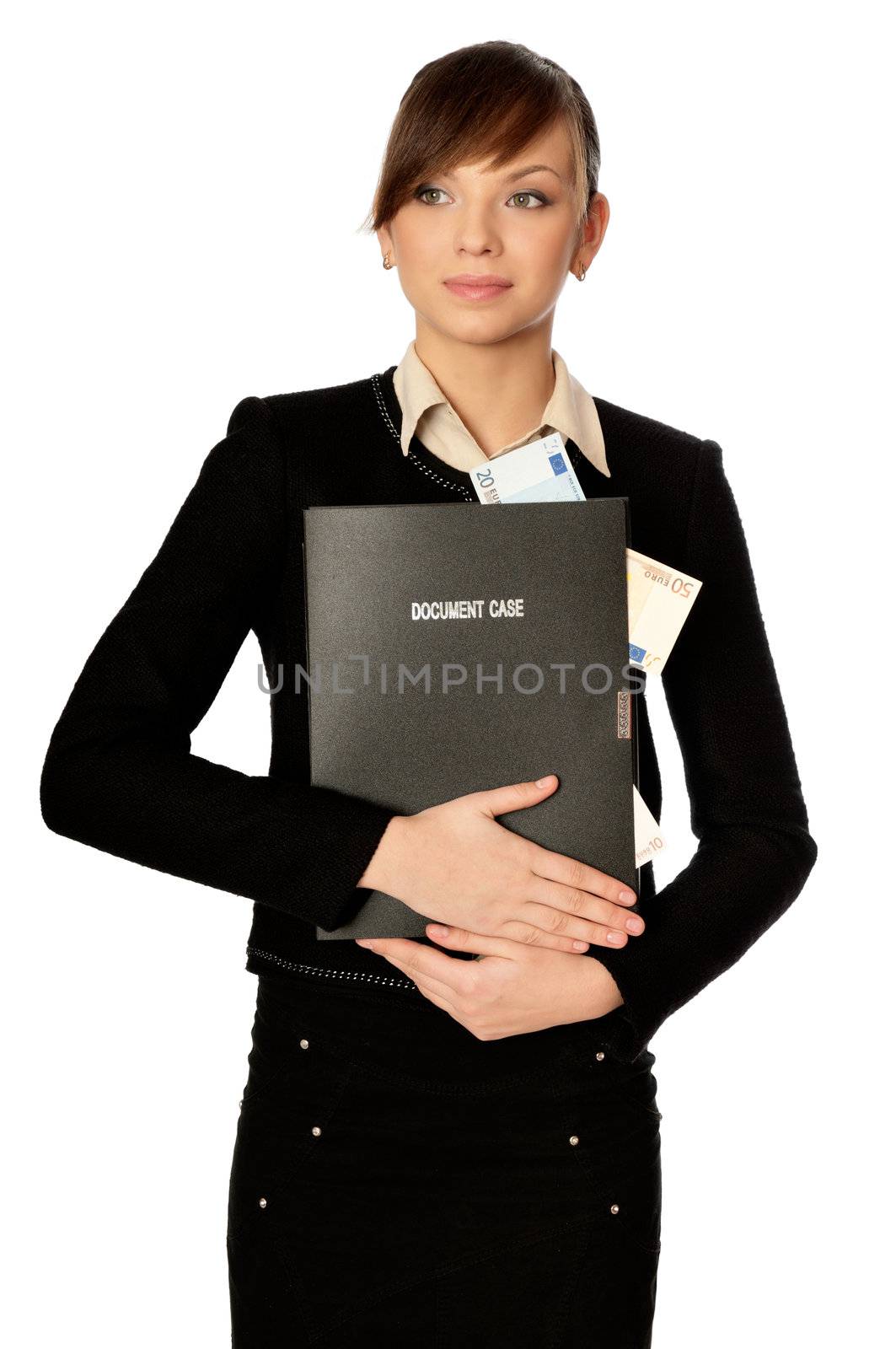 Business woman holding the document case with money in the hands as a symbol of wealth