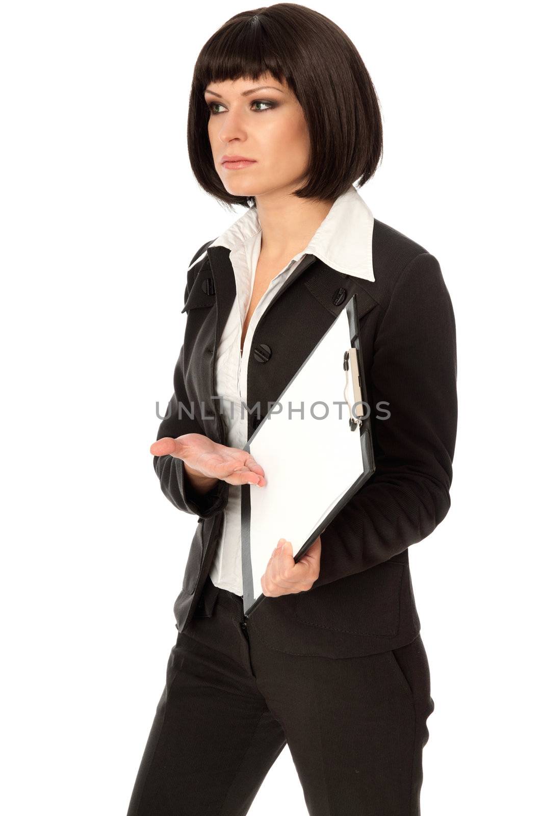 The manager with white blank paper in the hands making a presentation