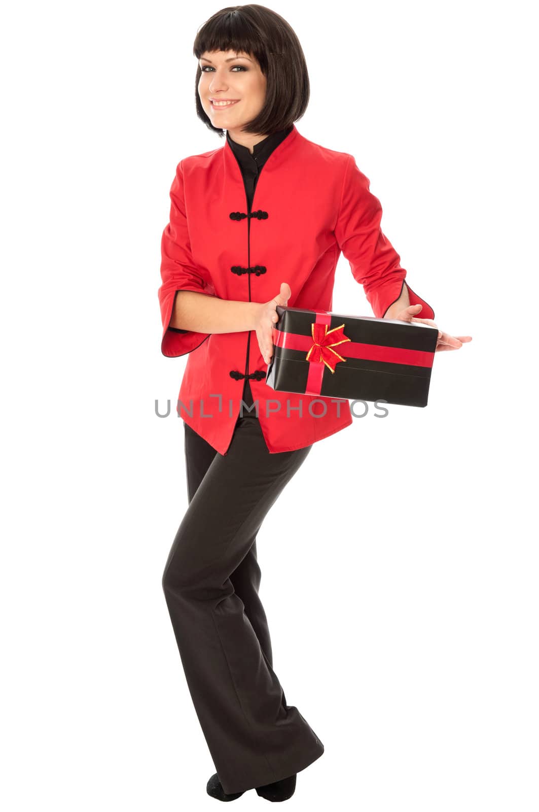 woman holding a black box with red bow as a gift