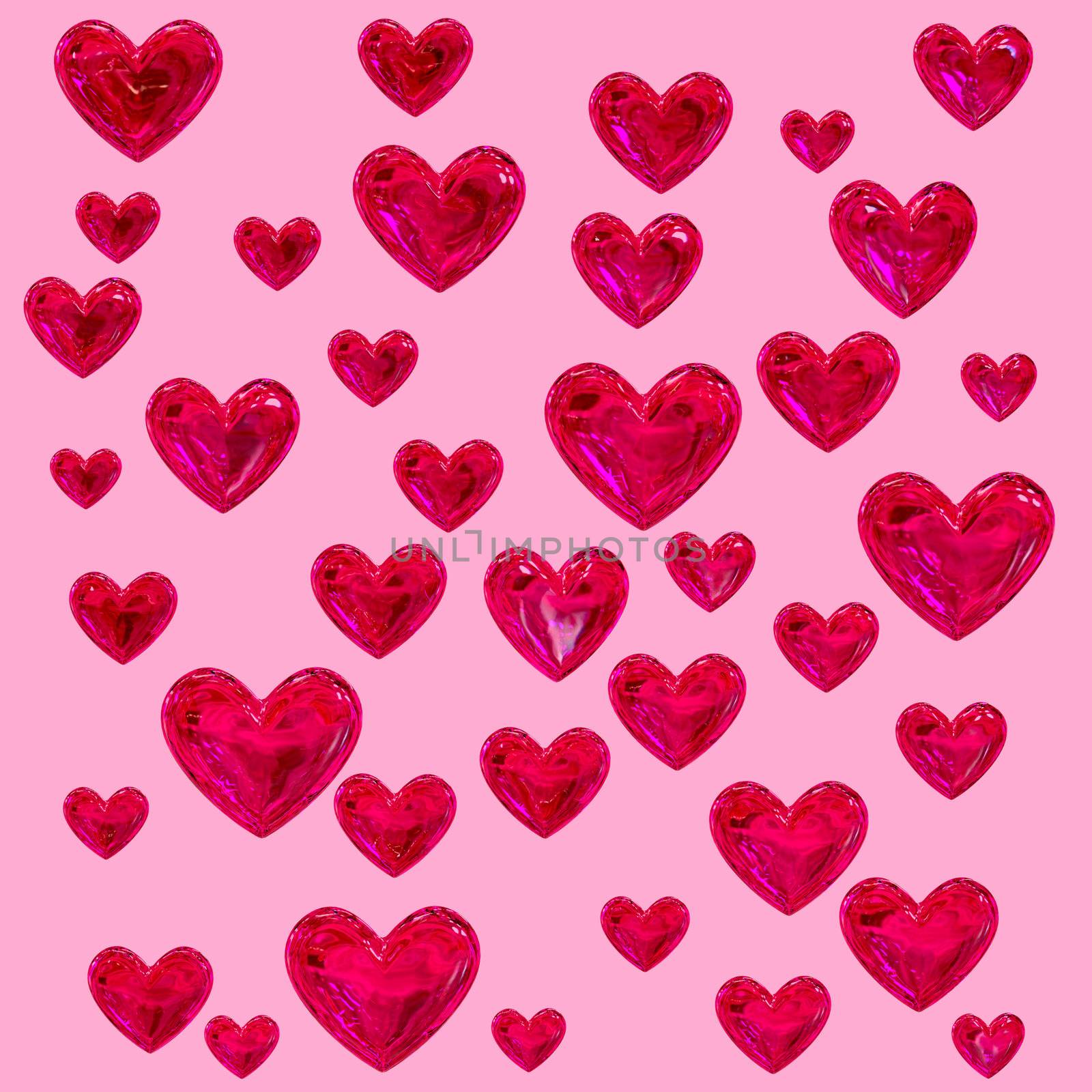 set of red hearts on a pink background as a texture