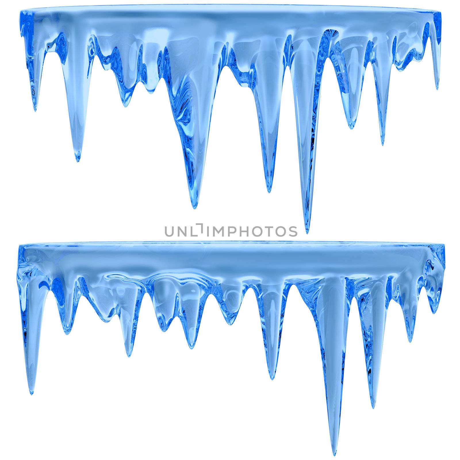 Thawing icicles of a blue shade with water droplets