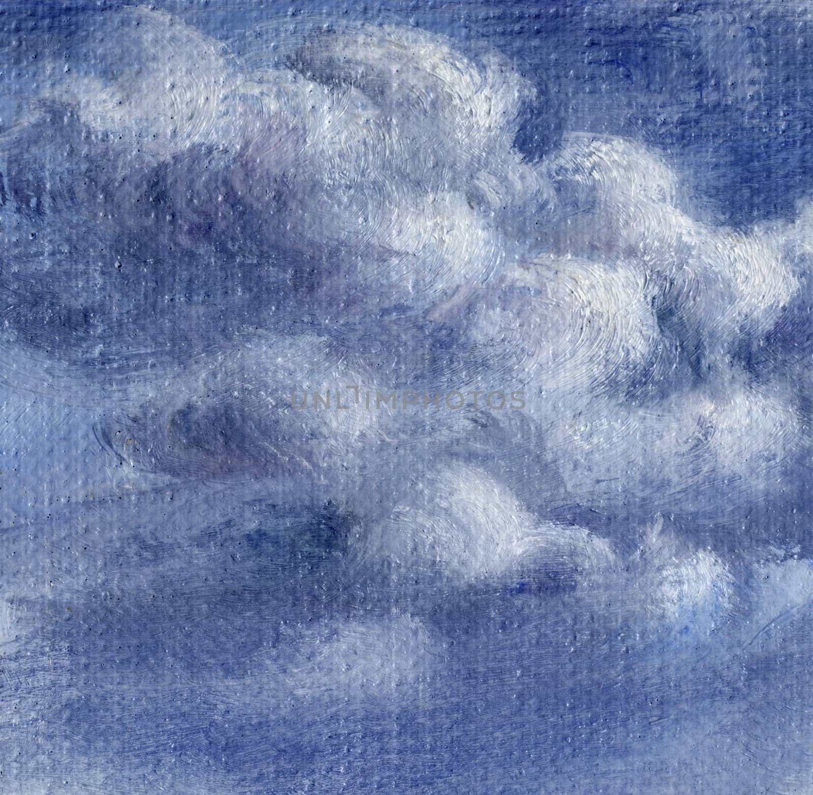 Blue sky with white clouds. Picture, oil paints, hand-draw on canvas
