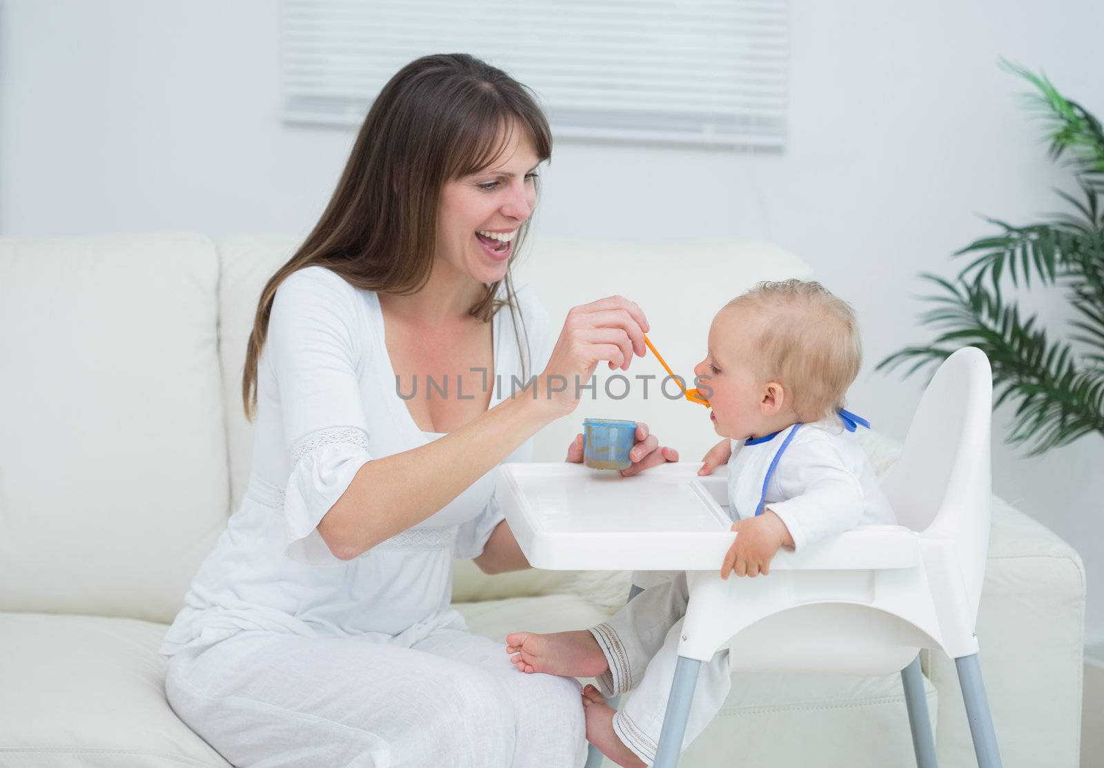 Mother sitting in a sofa while feeding a baby in living room