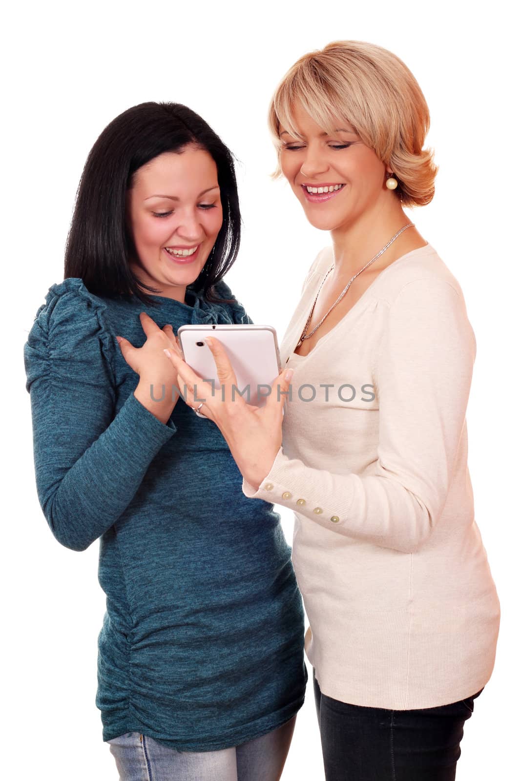 happy mother and daughter with tablet by goce