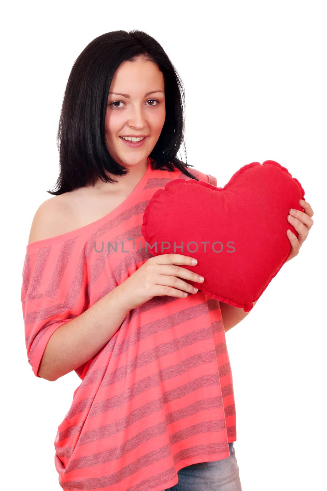 teenage girl holding big red heart by goce