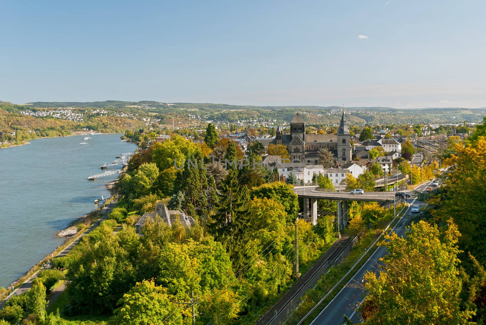 Vew on St. Peter and Paul church in Remagen, town in Germany in Rhineland-Palatinate and the river Rhein.