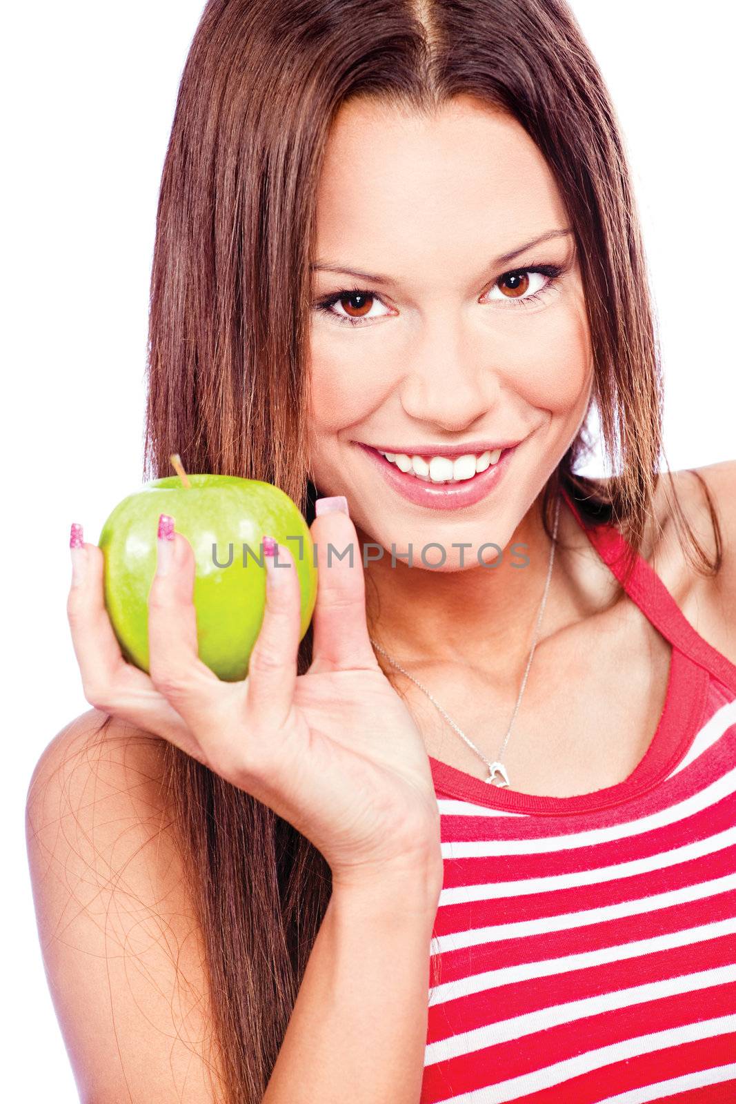 Pretty woman with green apple, isolated on white background